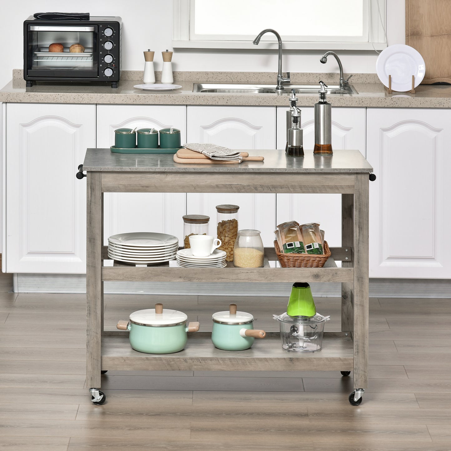 Kitchen Cart Rolling Island with Concrete Effect Top and Wine Rack, Grey