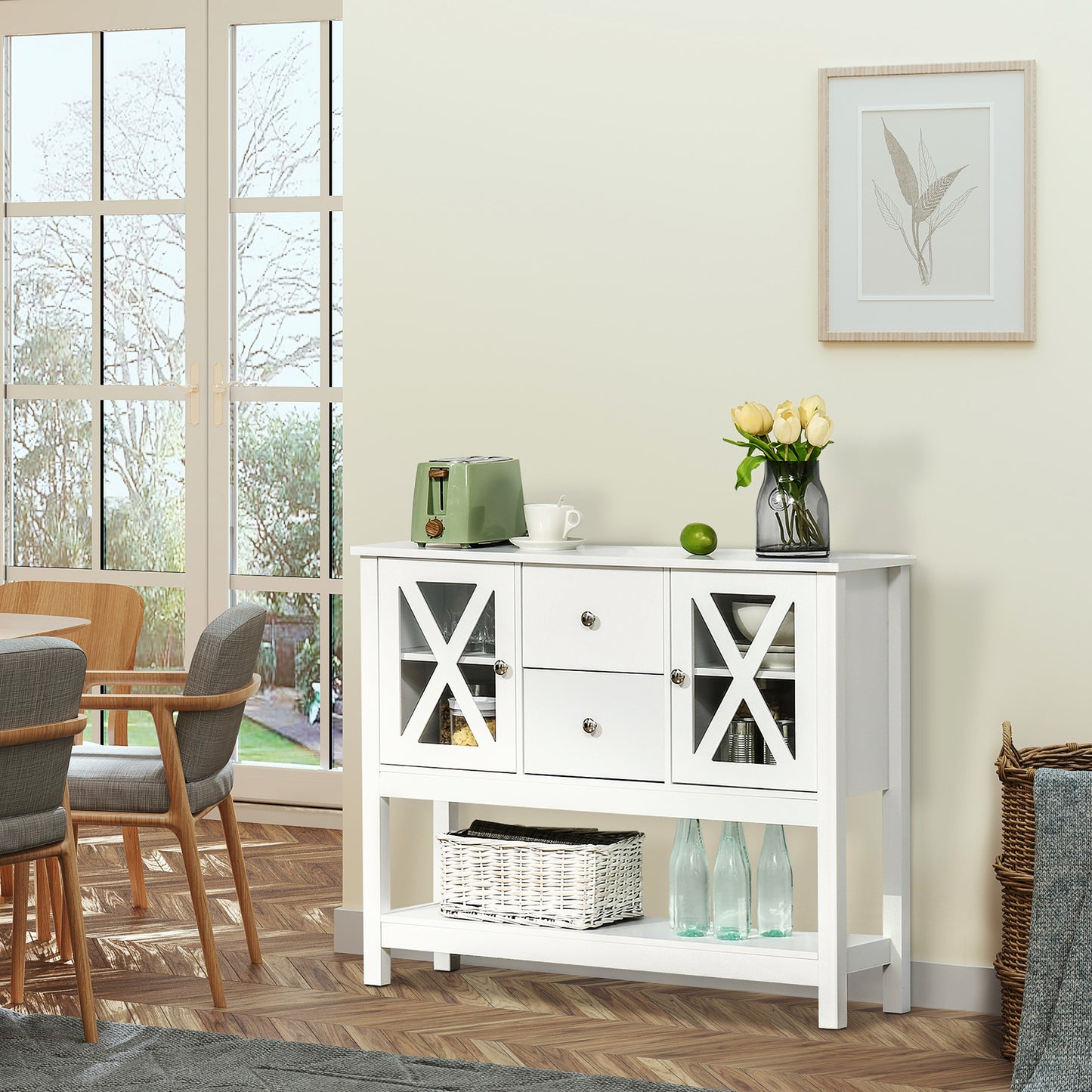 39" Modern Sideboard with X-Design Glass Doors and Storage, White