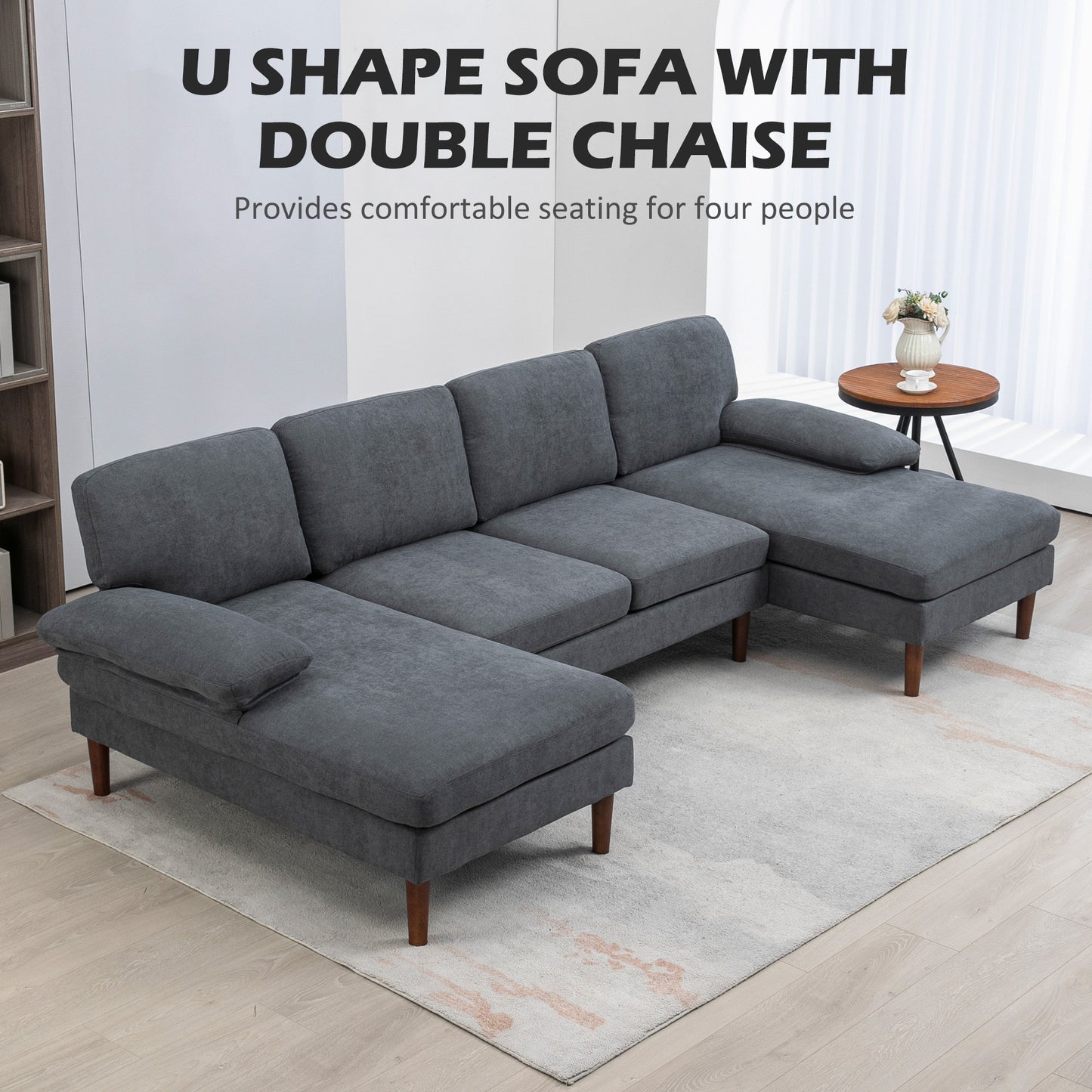 U-Shaped Sectional Sofa with Double Chaise Lounge, Dark Grey
