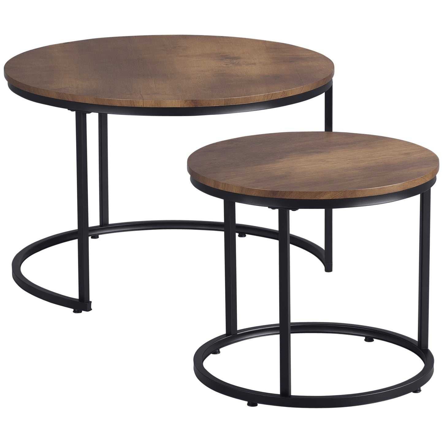 29" Round Nesting Coffee Tables with Metal Base, Rustic Brown (Set of 2)