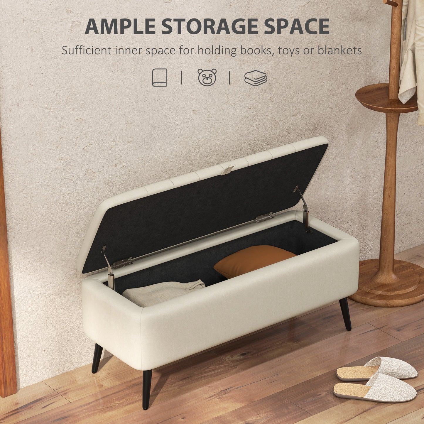 40" Linen Storage Ottoman Bench with Steel Legs, Cream White