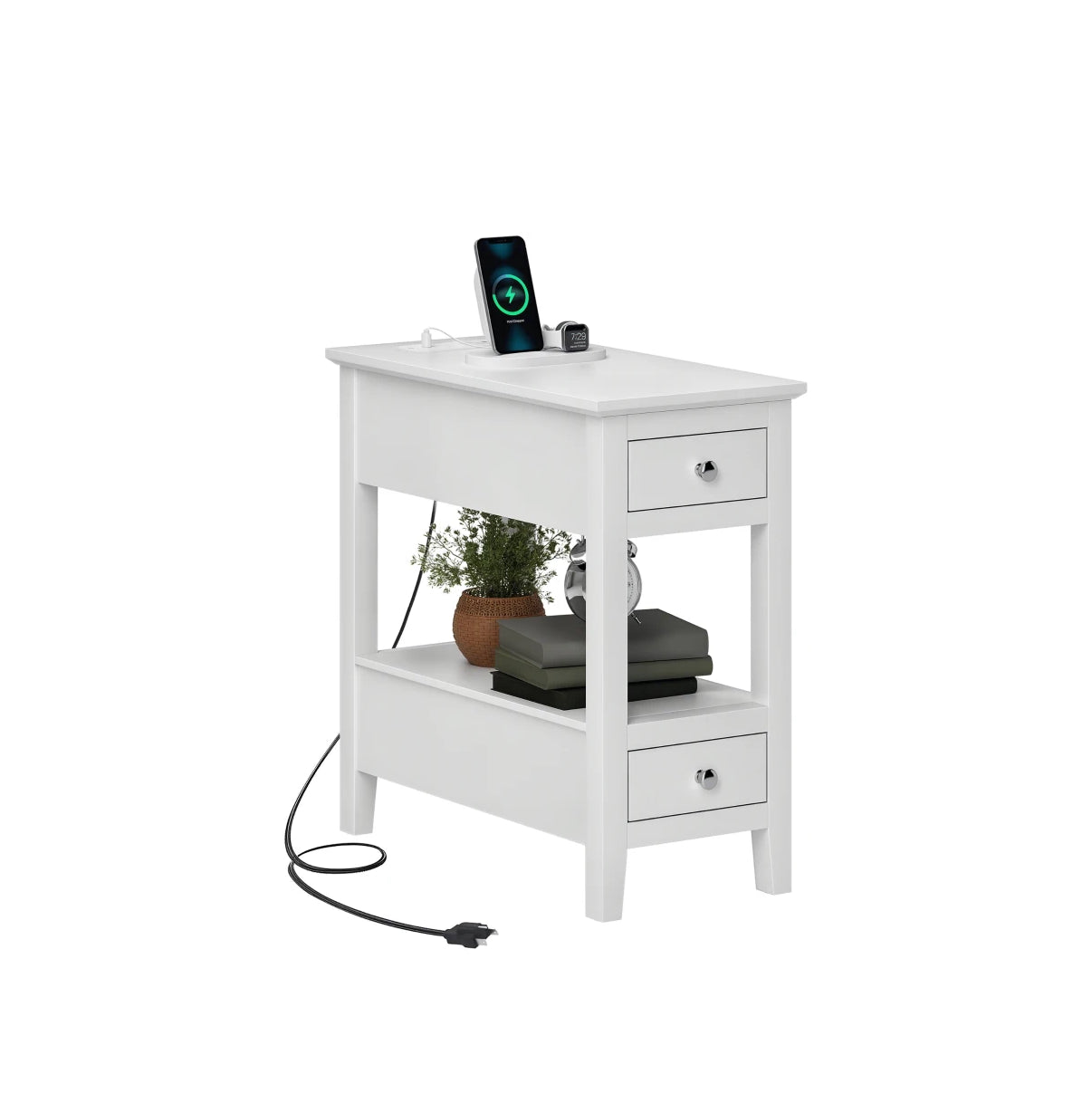 Narrow Side Table with Built-in Charging Station and USB Ports, White