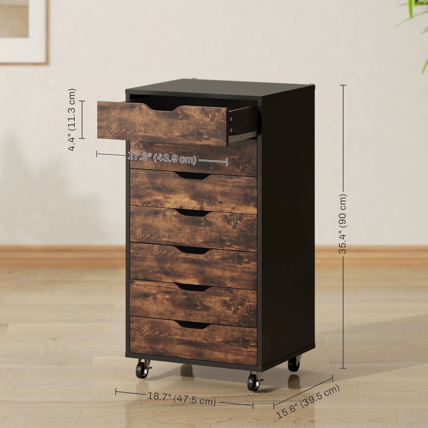 7-Drawer Mobile Storage Cabinet for Home Office - Rustic Brown