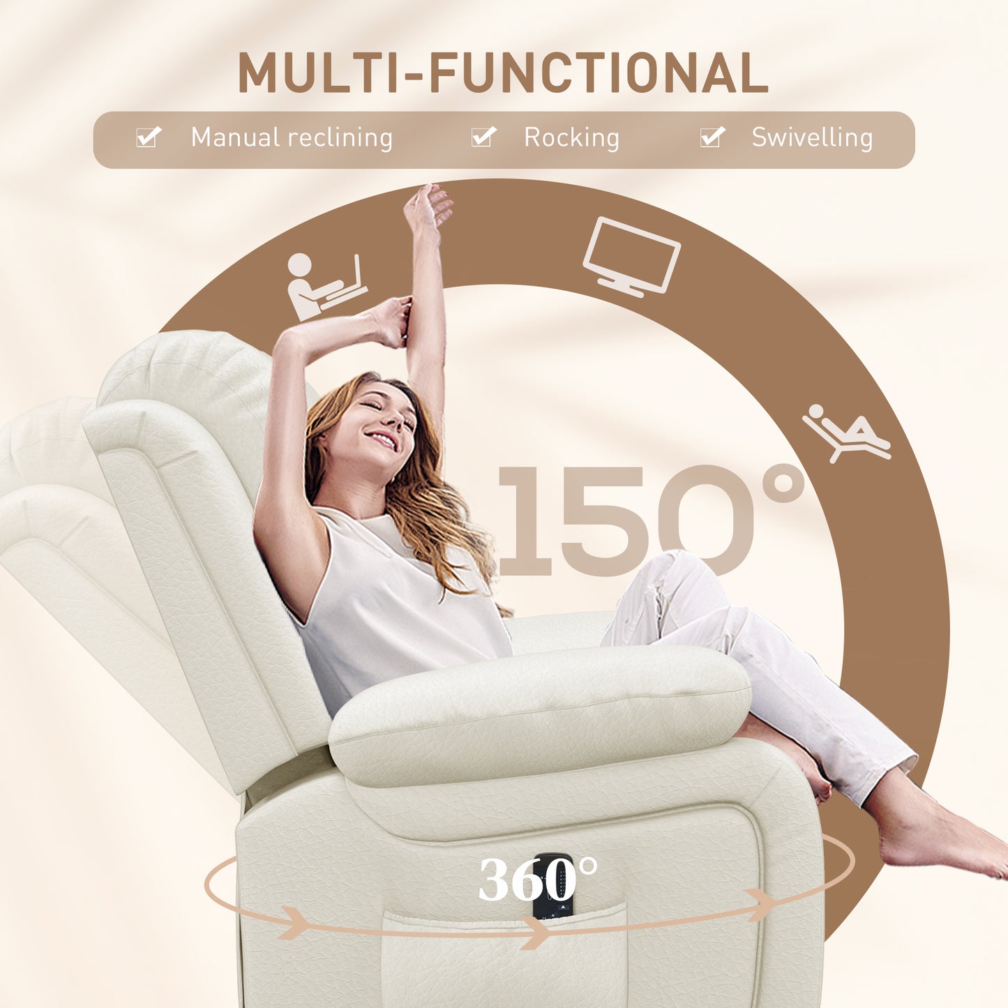 PU Leather Massage Recliner Chair with Swivel Base, Cream White