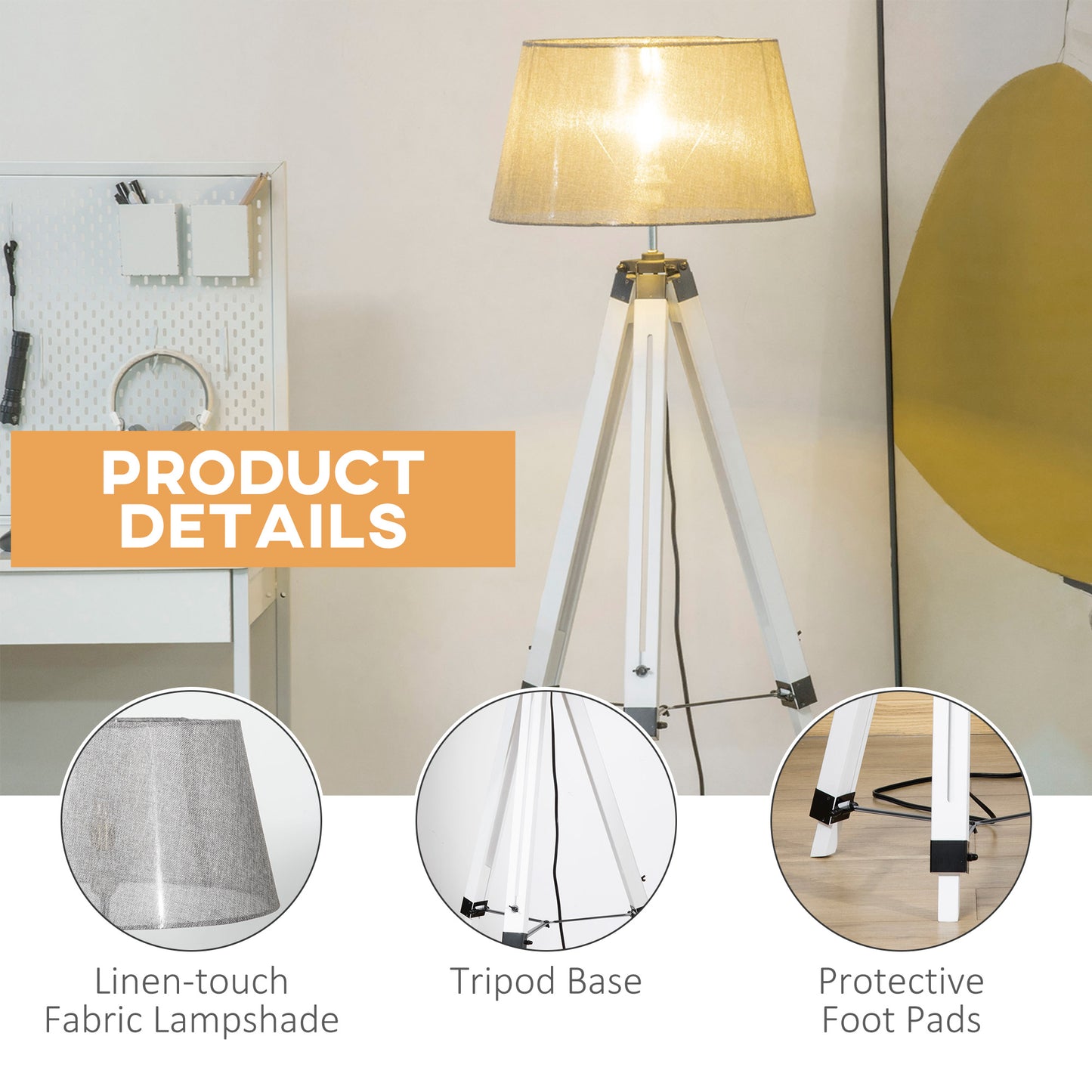 Adjustable Wooden Tripod Floor Lamp - White & Grey