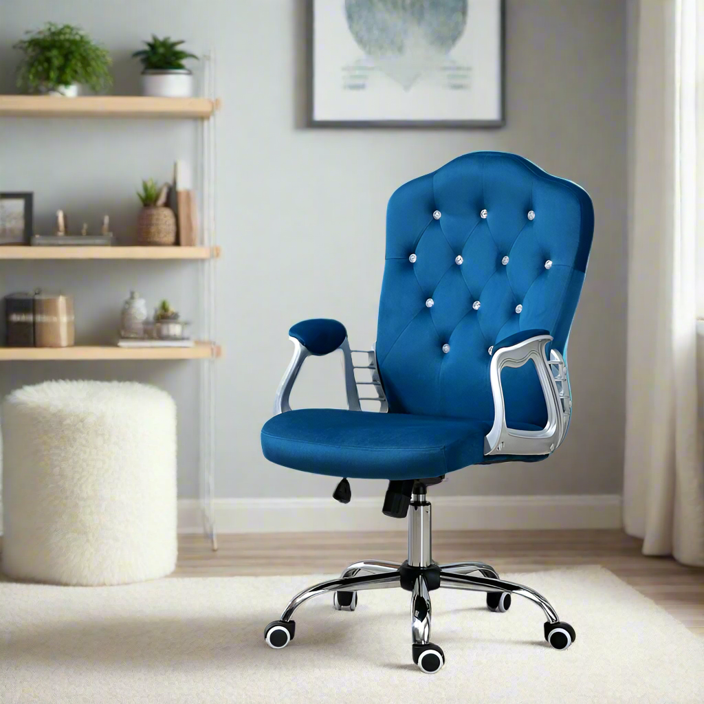 Blue office chair in a home office setting with a desk and decor.