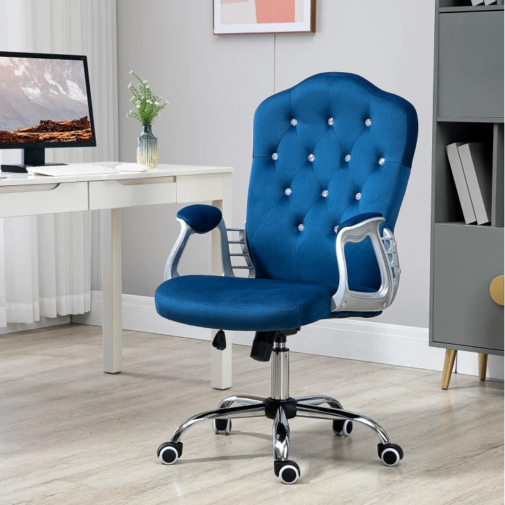 Velvet Swivel Office Chair with Button Tufted Design and Adjustable Height, Dark Blue