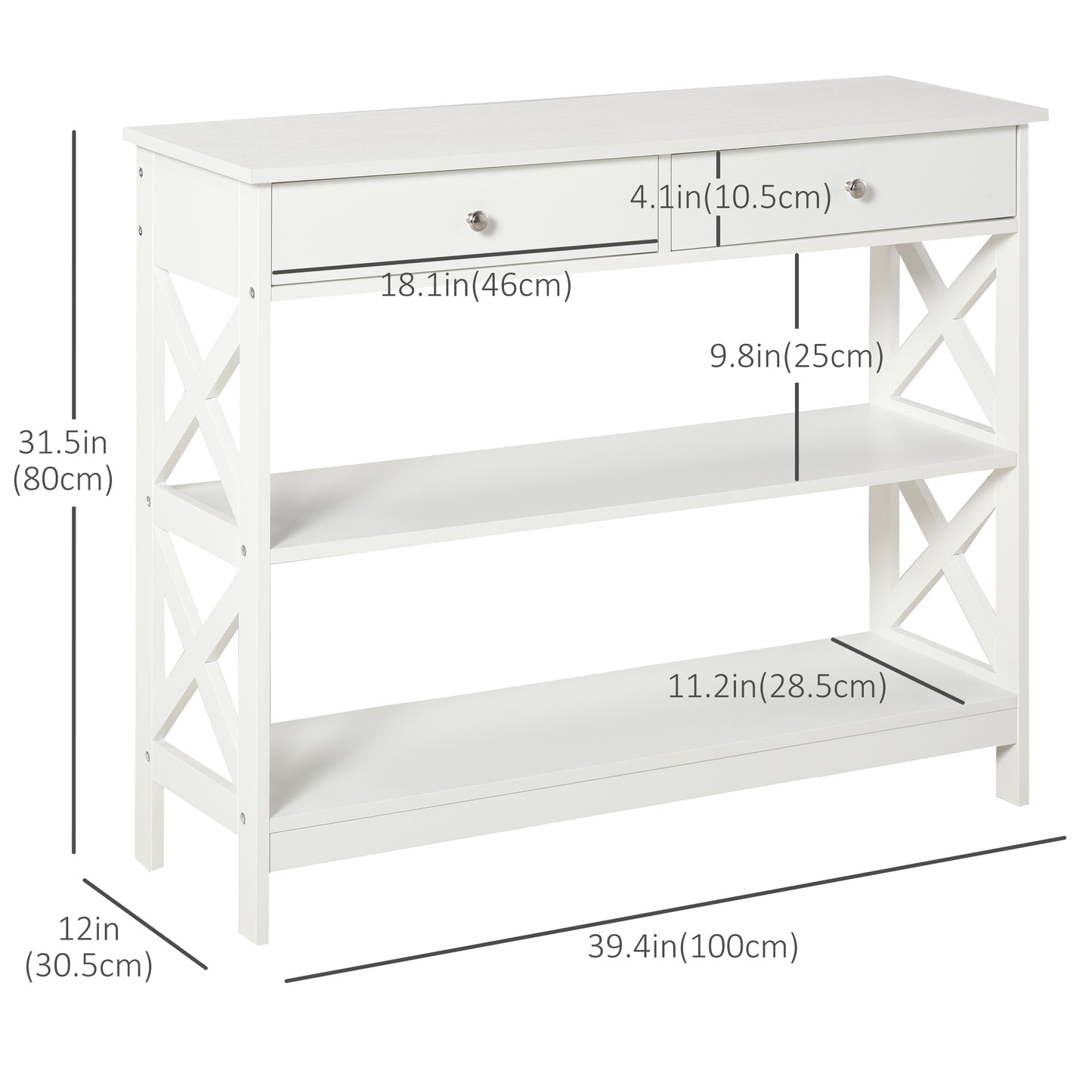 39" Console Table with X-Frame Design and Storage Drawers, White