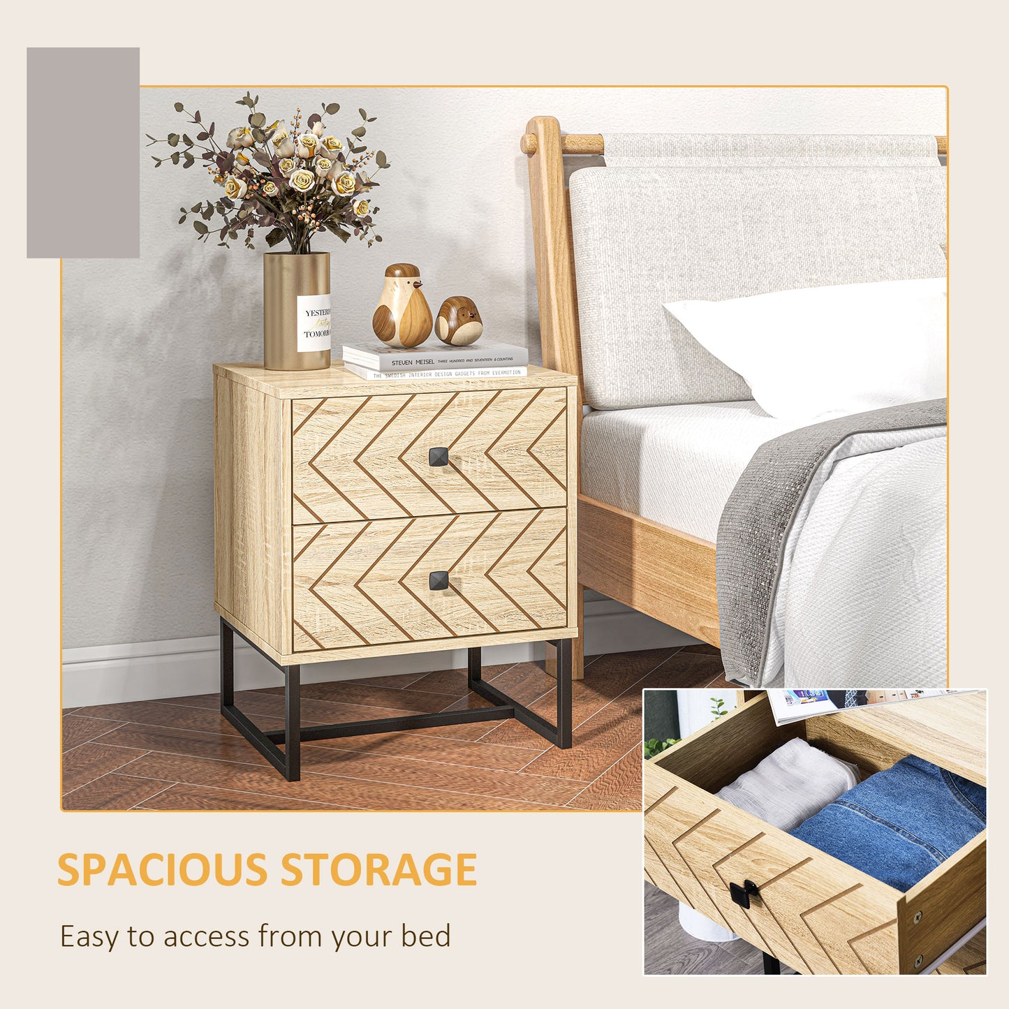 Modern Nightstand with Zig-Zag Design and 2 Drawers, Natural Wood