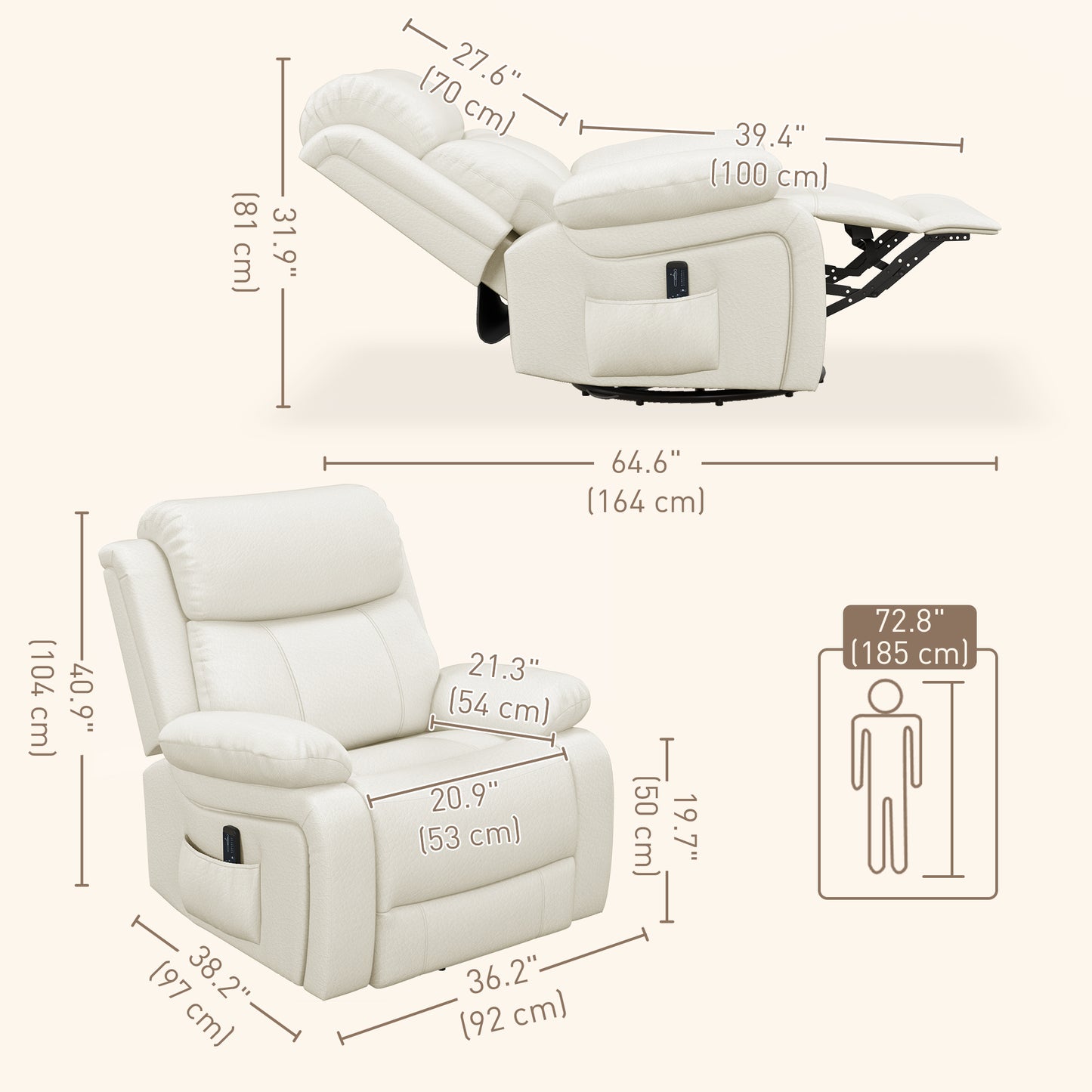 PU Leather Massage Recliner Chair with Swivel Base, Cream White
