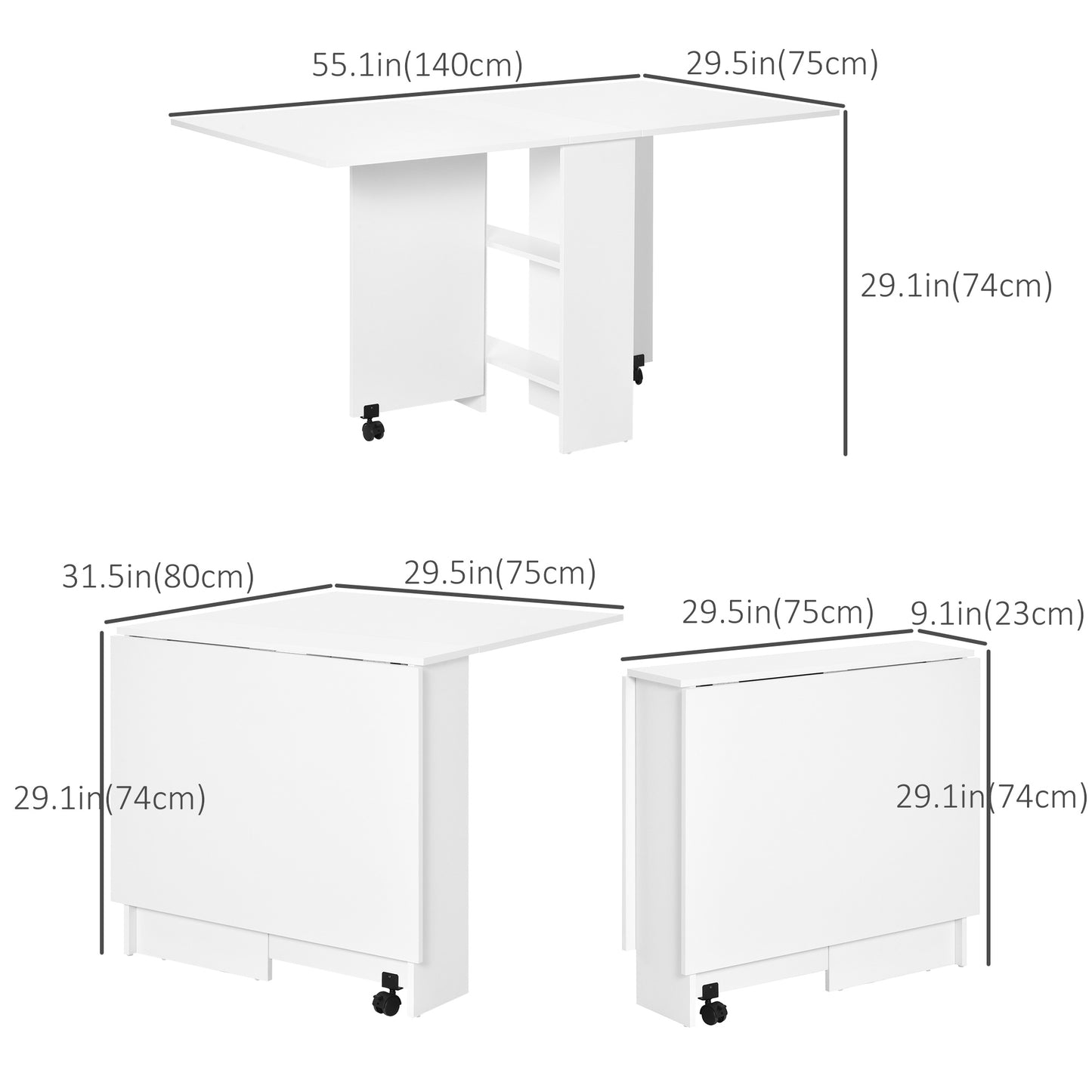 Extendable Dining Table with Storage Shelves and Rolling Wheels