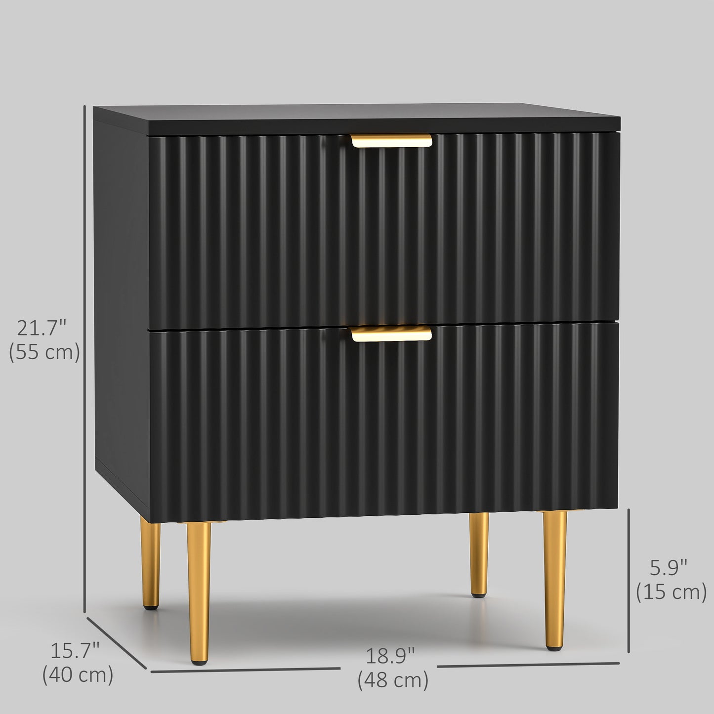 Modern Nightstand with Gold Finger Pulls and Fluted Drawers, Black