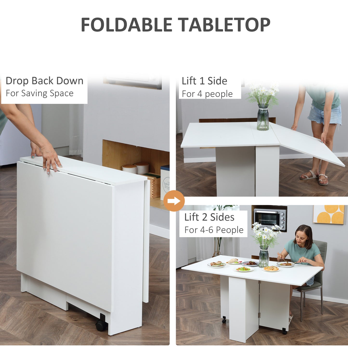 Extendable Dining Table with Storage Shelves and Rolling Wheels
