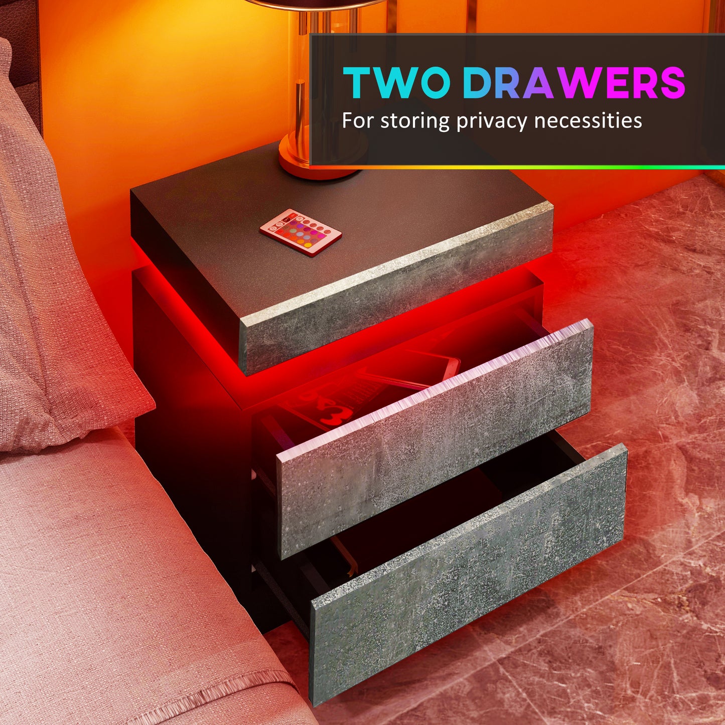 LED Nightstand with Remote Control and 2 Drawers, Cement Gray