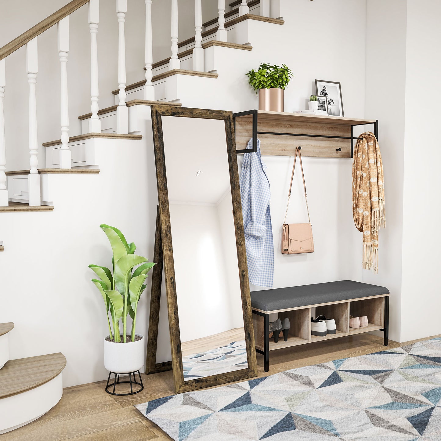 Full Length Floor Standing Mirror with Rustic Brown Frame, 58" x 20"
