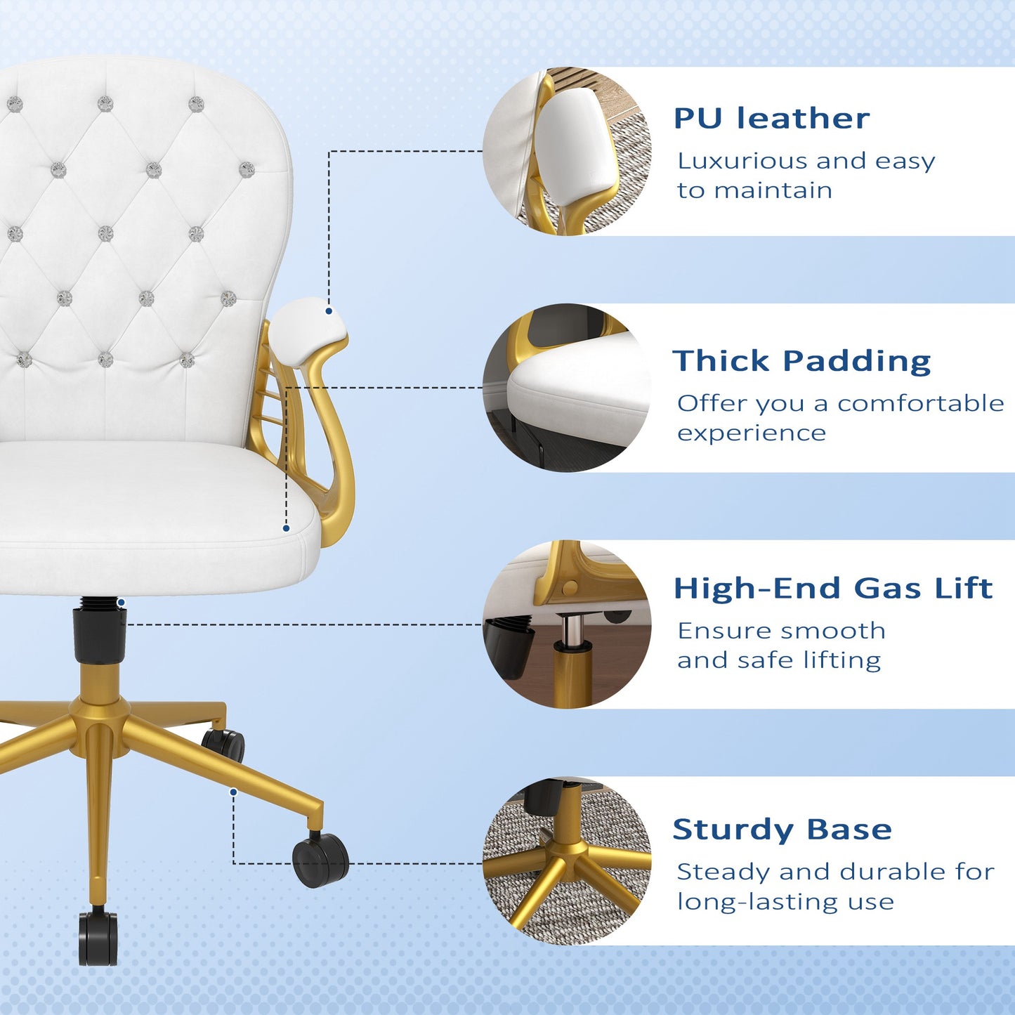 Button-Tufted Velvet Office Chair with Adjustable Height - Gold & White
