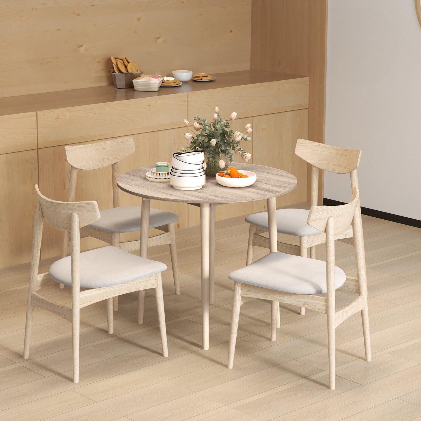 Oak Round Folding Dining Table with Drop Leaf for Small Spaces