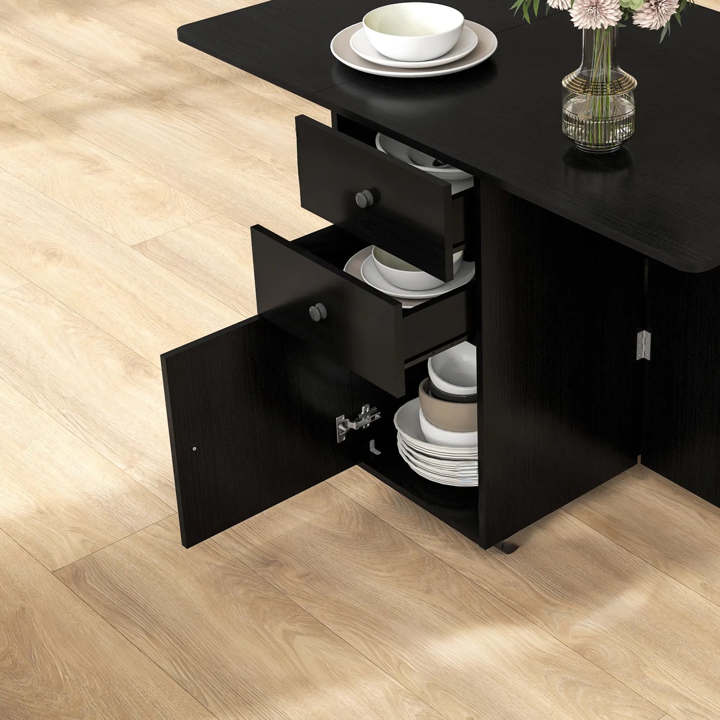 Extendable Drop Leaf Dining Table with Storage - Black Wood Grain
