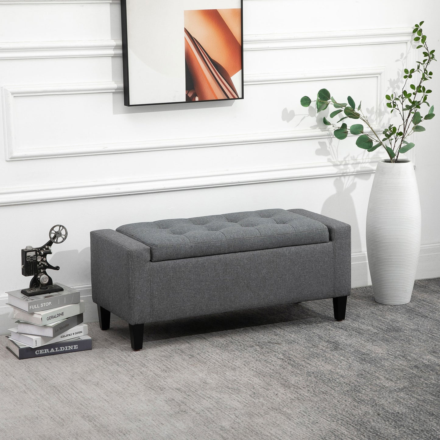 Linen-Touch Storage Ottoman Bench with Tufted Design, Gray