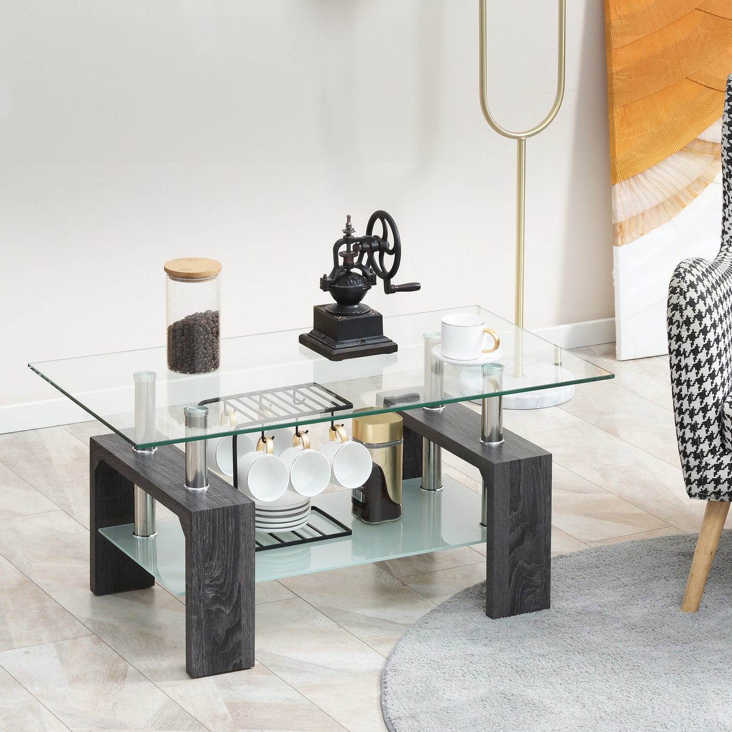 Modern Rectangular Coffee Table with Tempered Glass - Grey