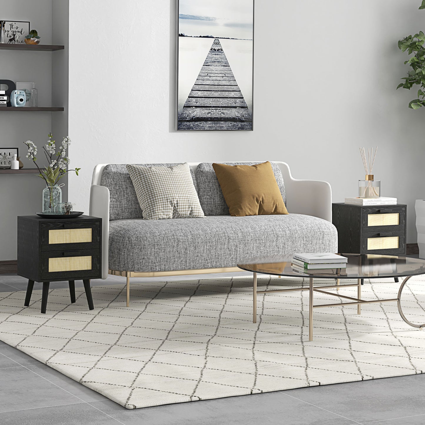 Boho Nightstands with Woven Rattan Drawers, Black (Set of 2)