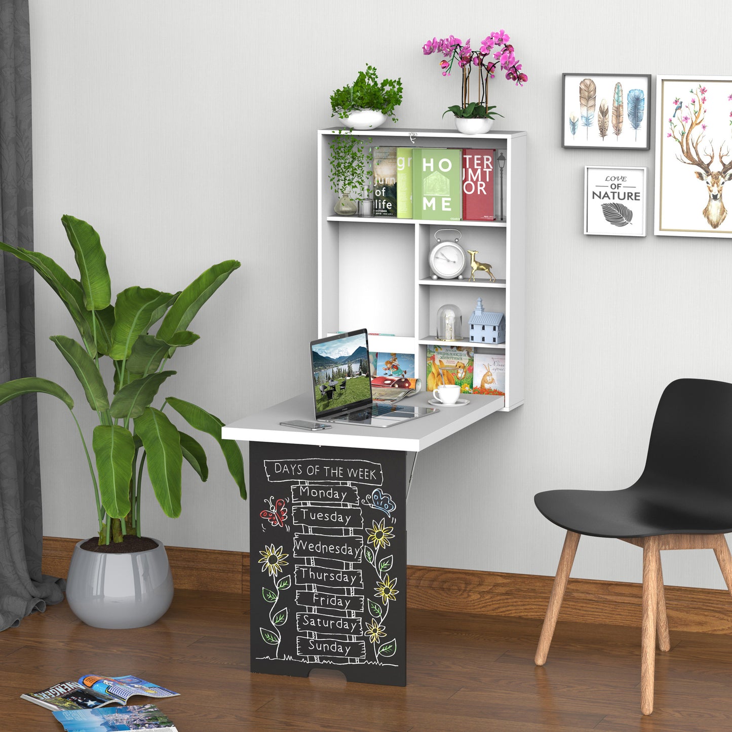 Wall Mounted Fold-Out Desk with Storage and Writing Board