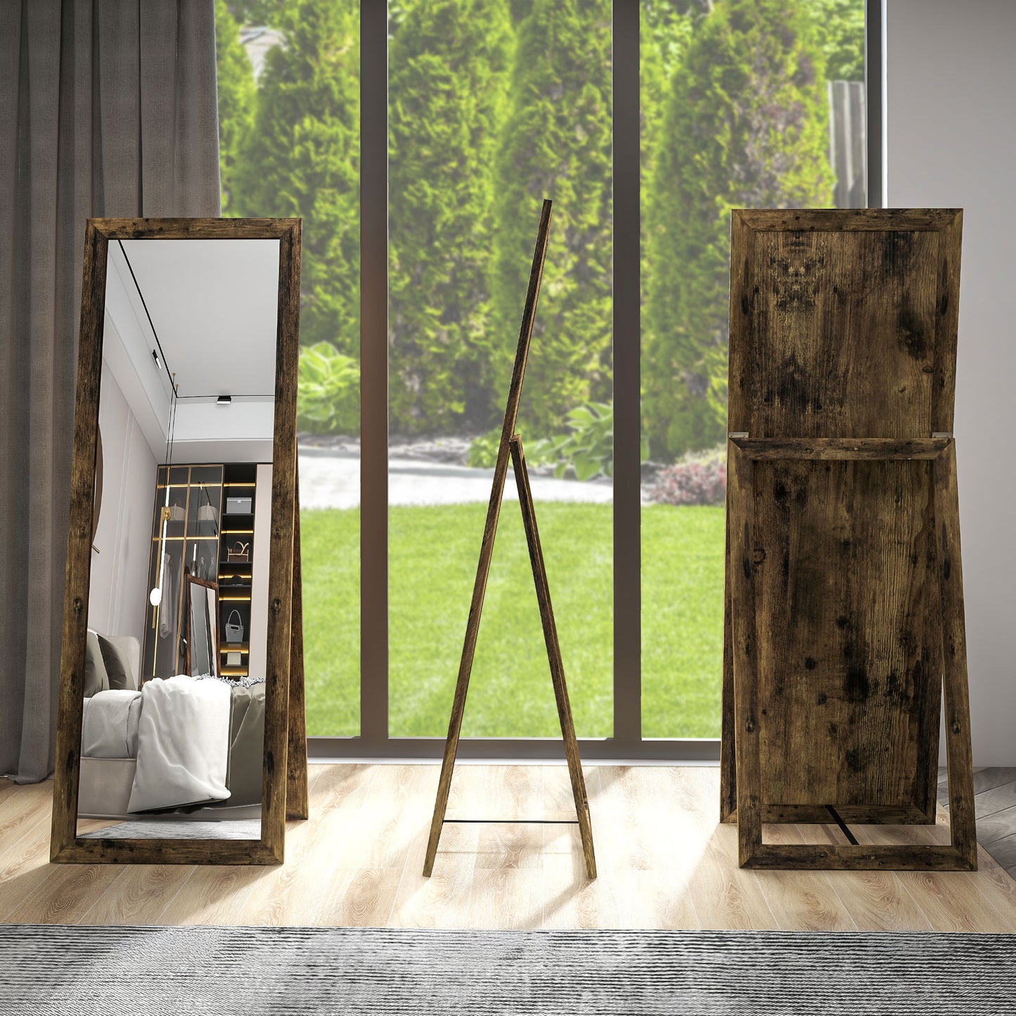 Full Length Floor Standing Mirror with Rustic Brown Frame, 58" x 20"