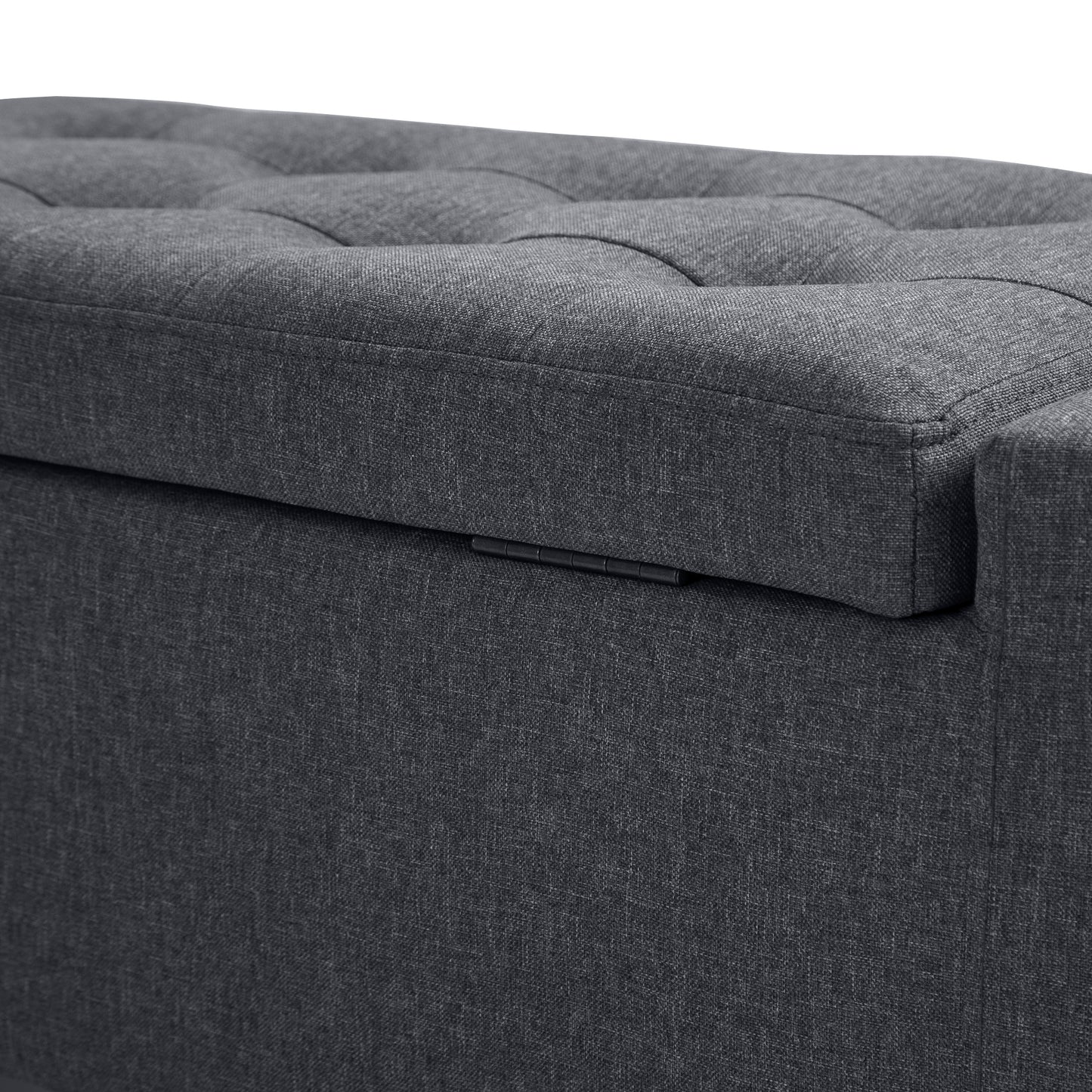 Linen Upholstered Storage Ottoman Bench with Tufted Design, Dark Gray
