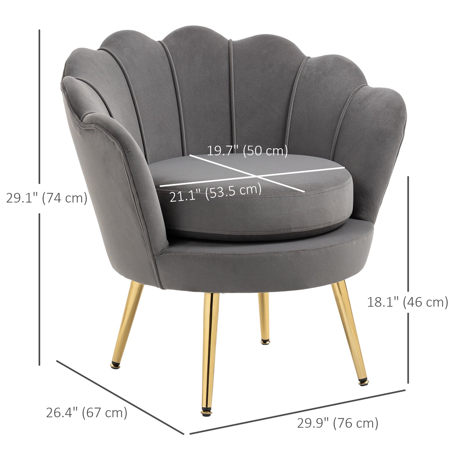 Modern Velvet Accent Chair with Lotus Backrest and Gold Legs, Grey
