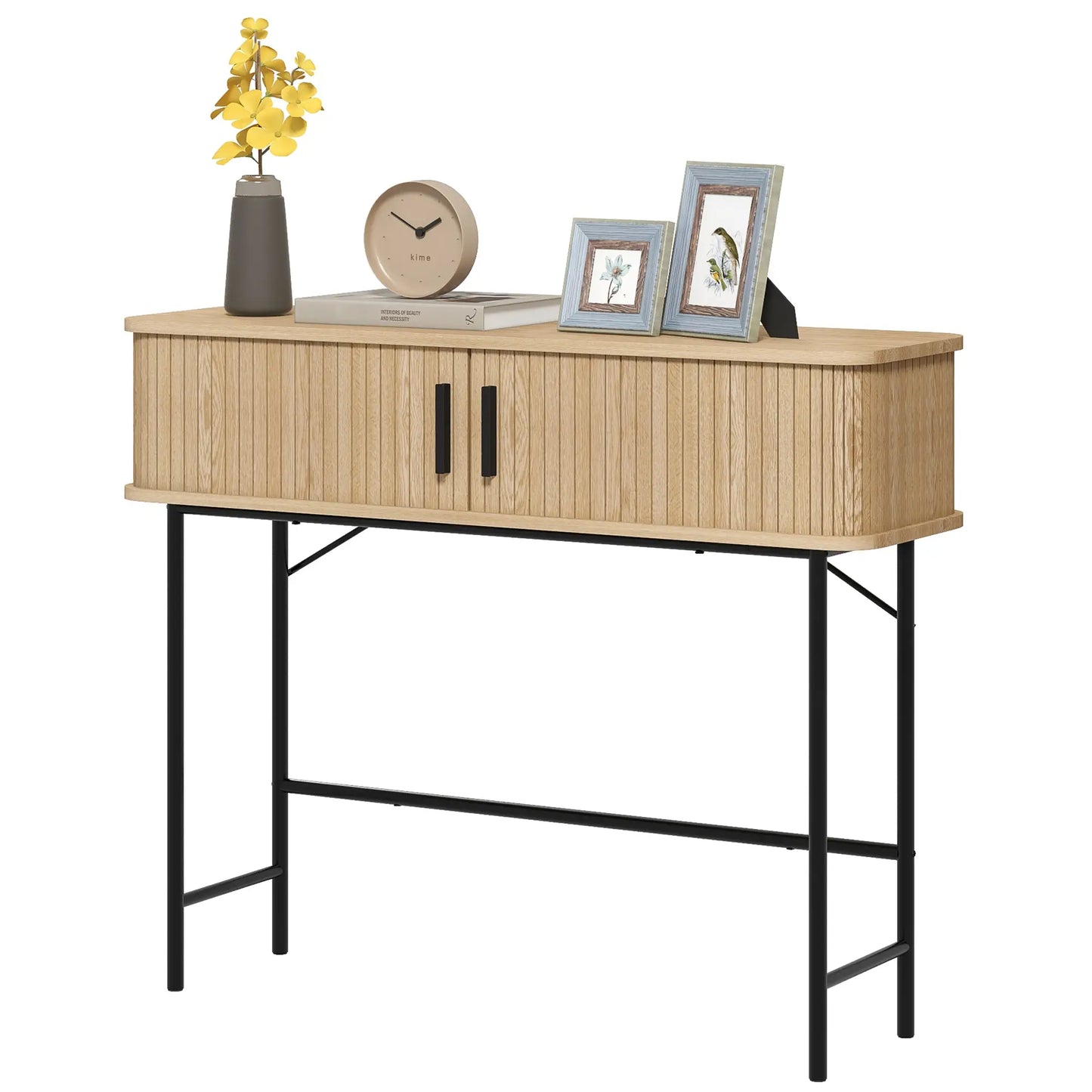 39" Mid-Century Console Table with Sliding Tambour Doors, Oak and Black