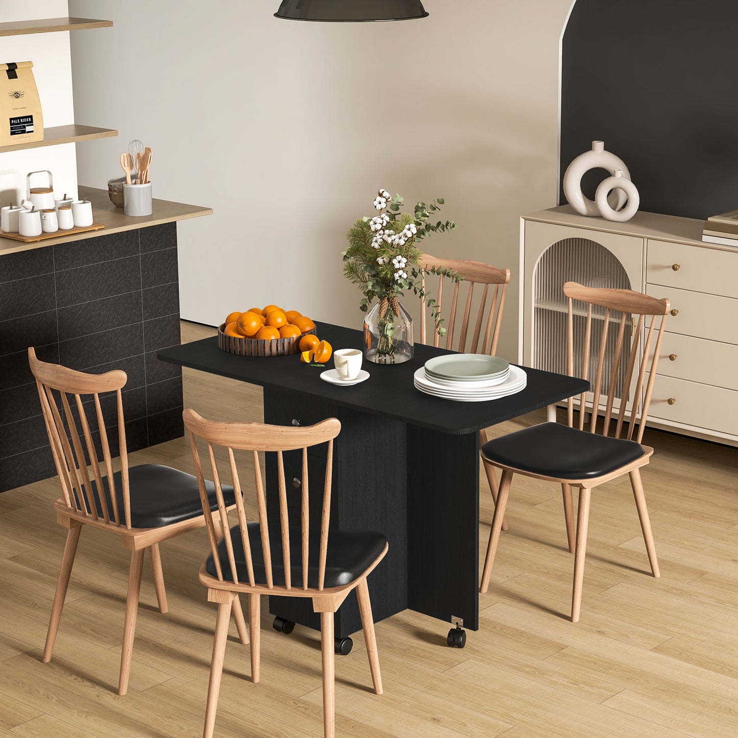 Drop Leaf Dining Table with Drawers and Cabinet - Black