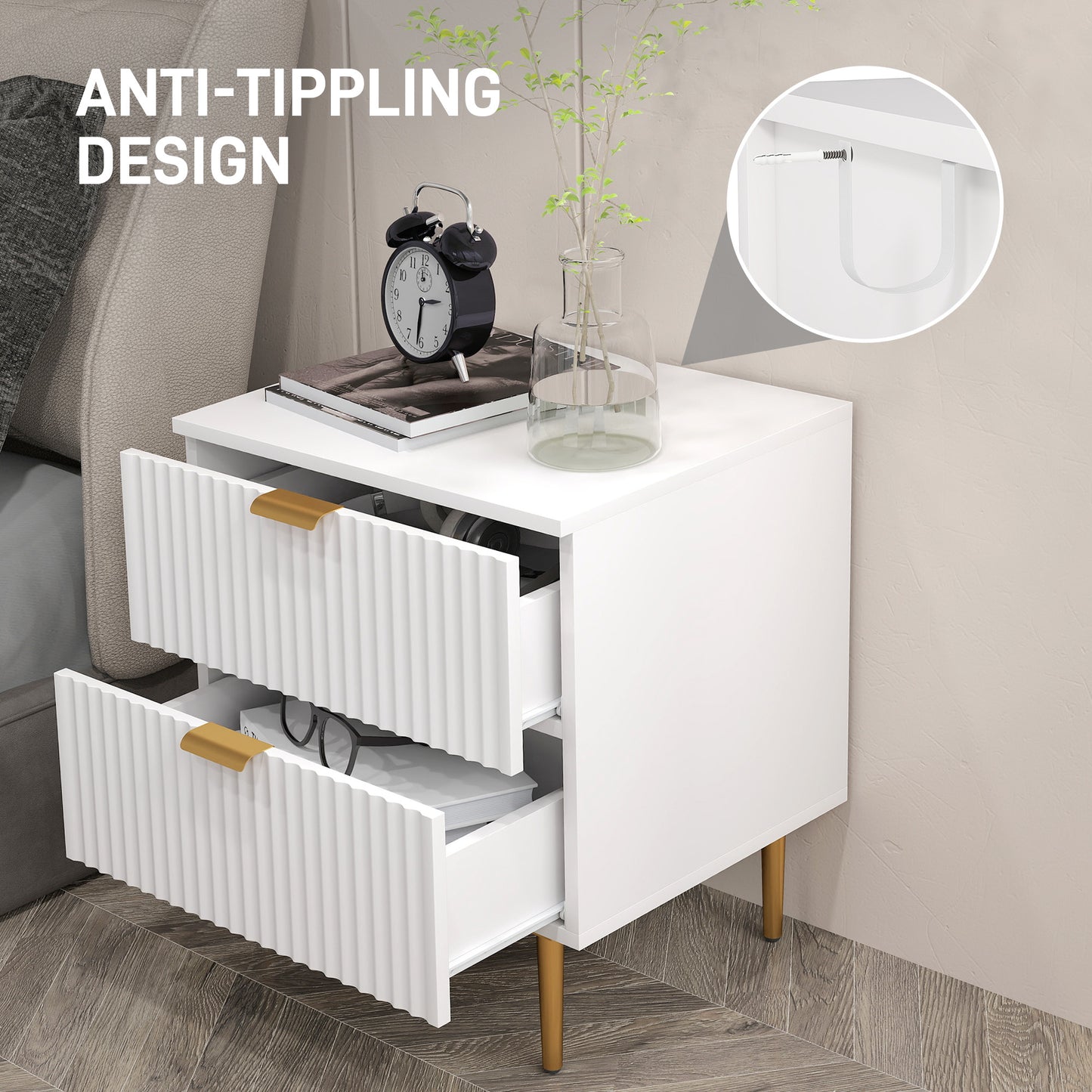 Modern Nightstand with Gold Finger Pulls and Fluted Drawers, White