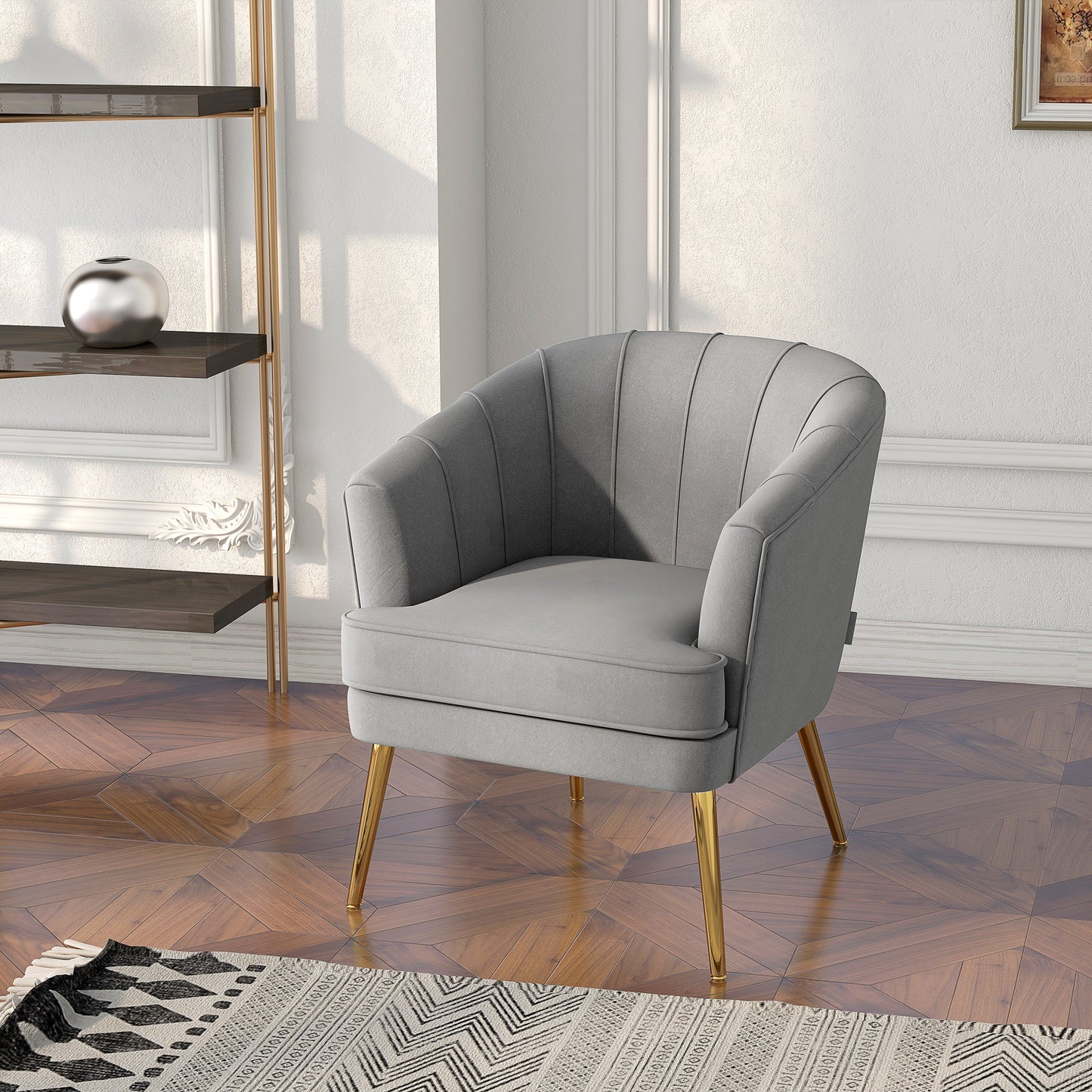 Channel-Tufted Tub Armchair with Velvet Upholstery and Gold Legs, Grey