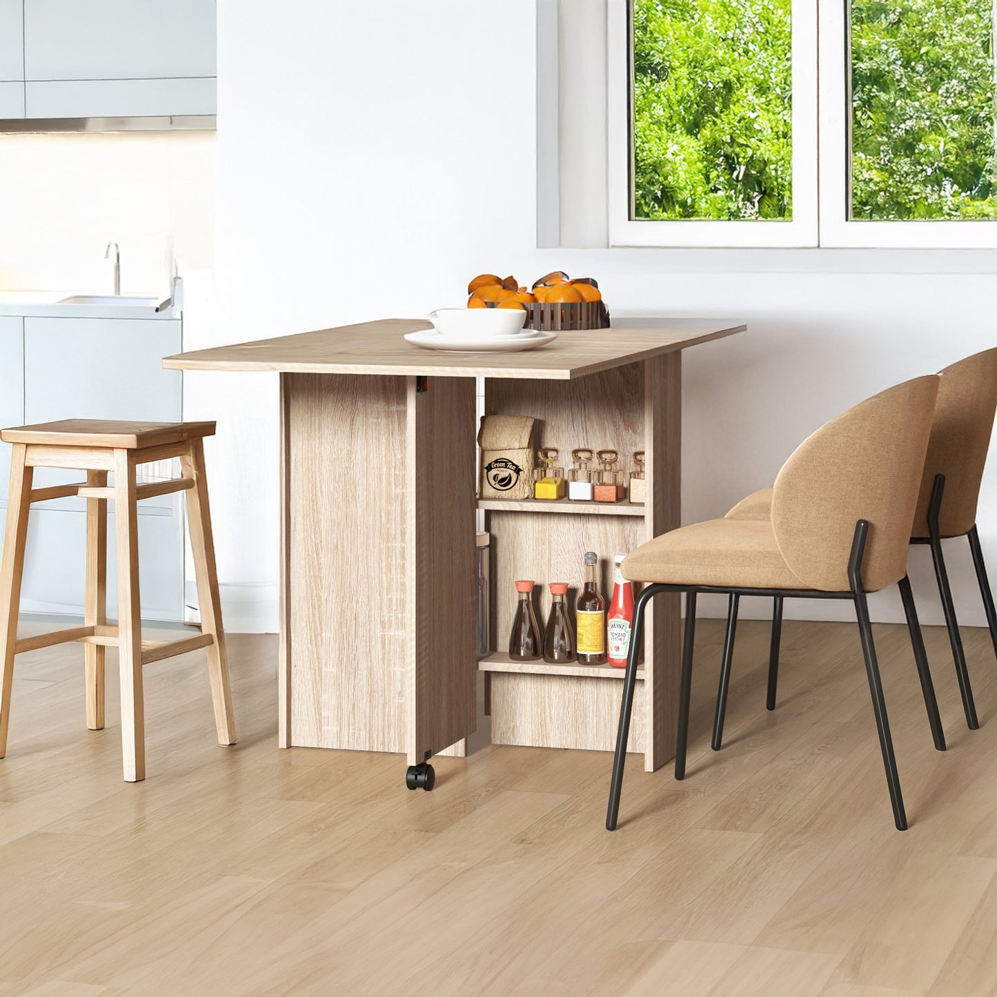 Extendable Dining Table with Storage Shelves and Rolling Wheels - Natural Wood