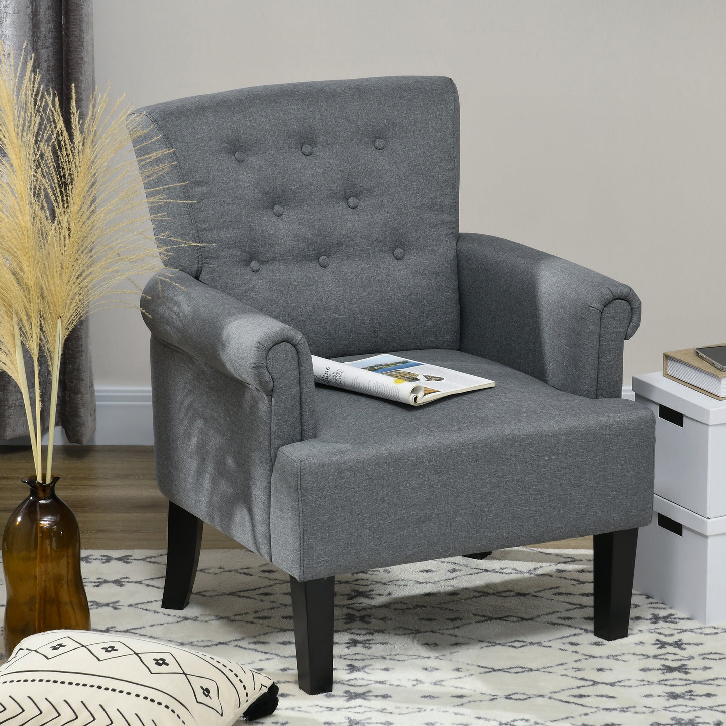 Fabric Accent Chair with Wood Legs and Rolled Arms, Gray