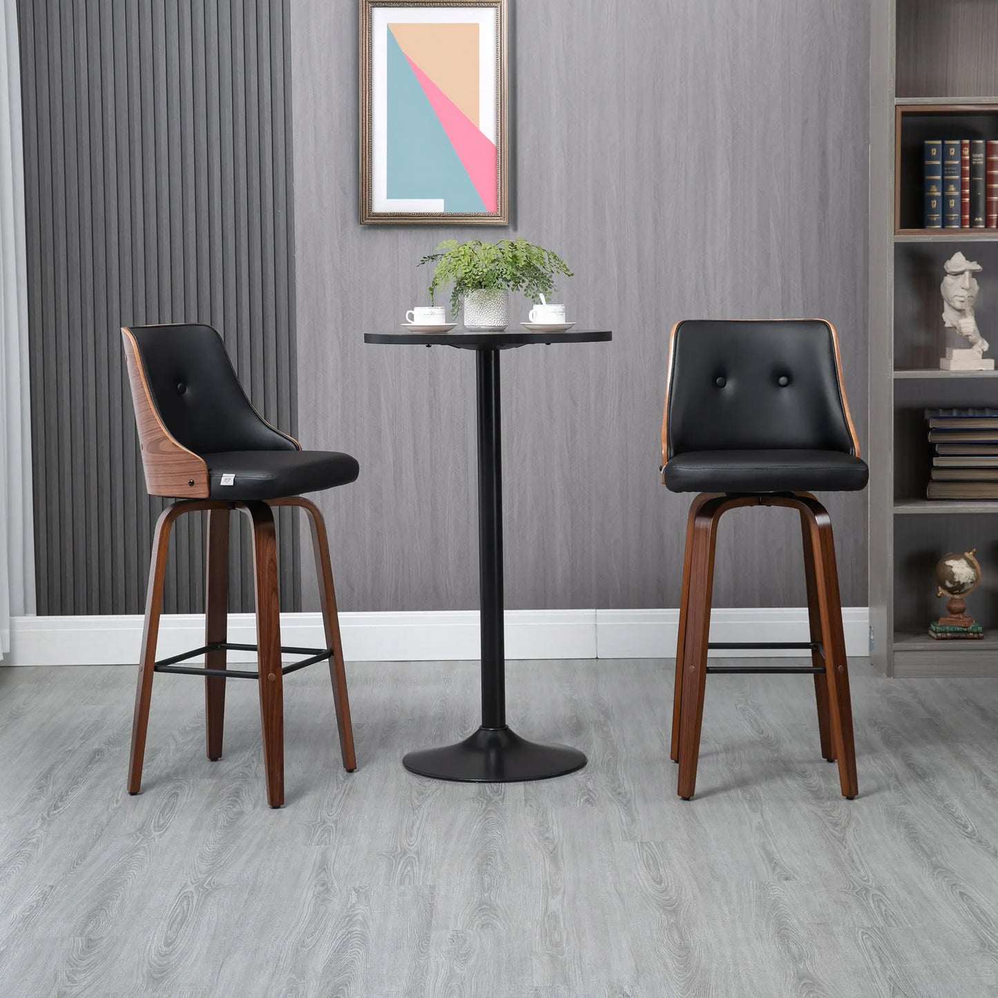 Swivel Bar Stools with Tufted PU Leather and Wood Legs, Black (Set of 2)