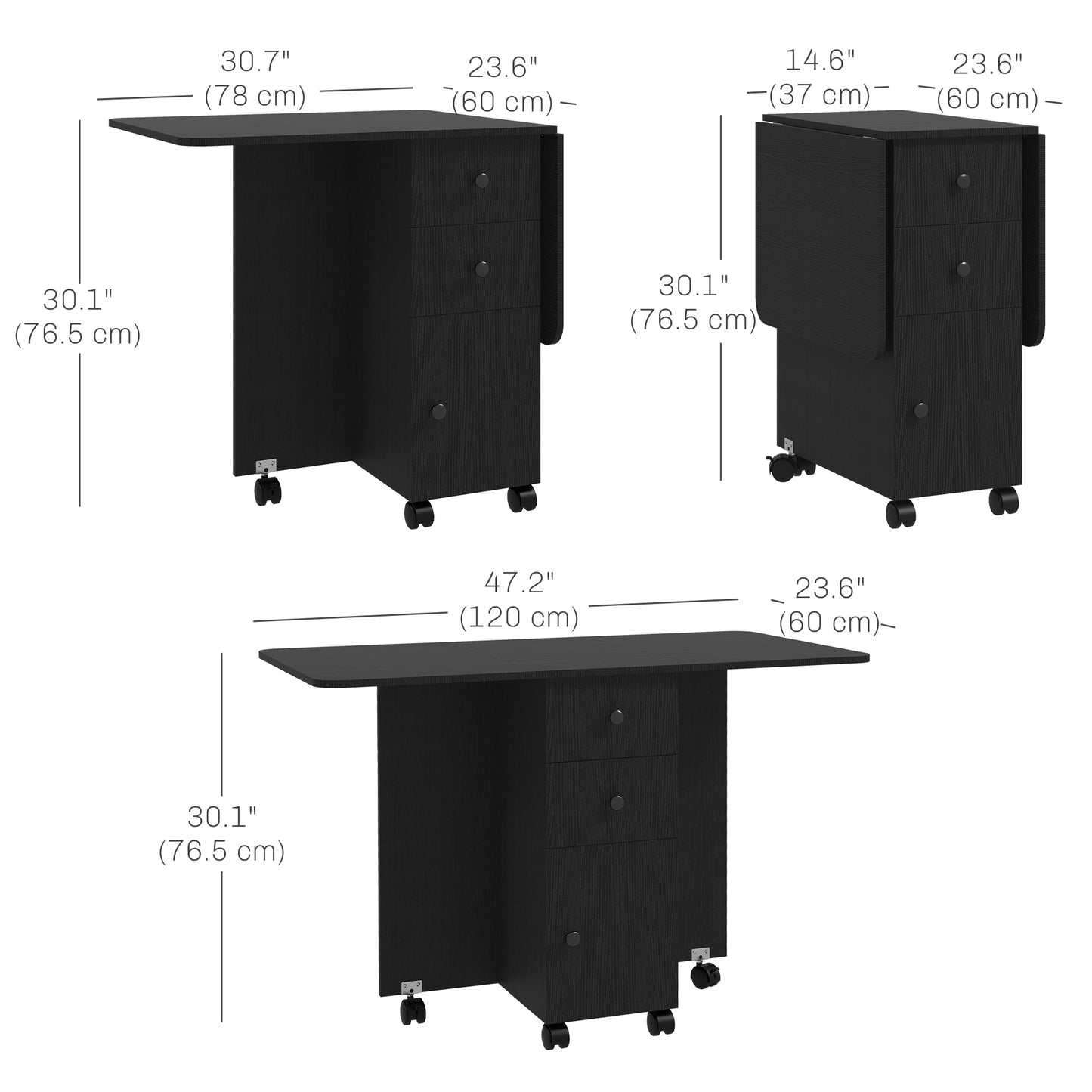 Drop Leaf Dining Table with Drawers and Cabinet - Black