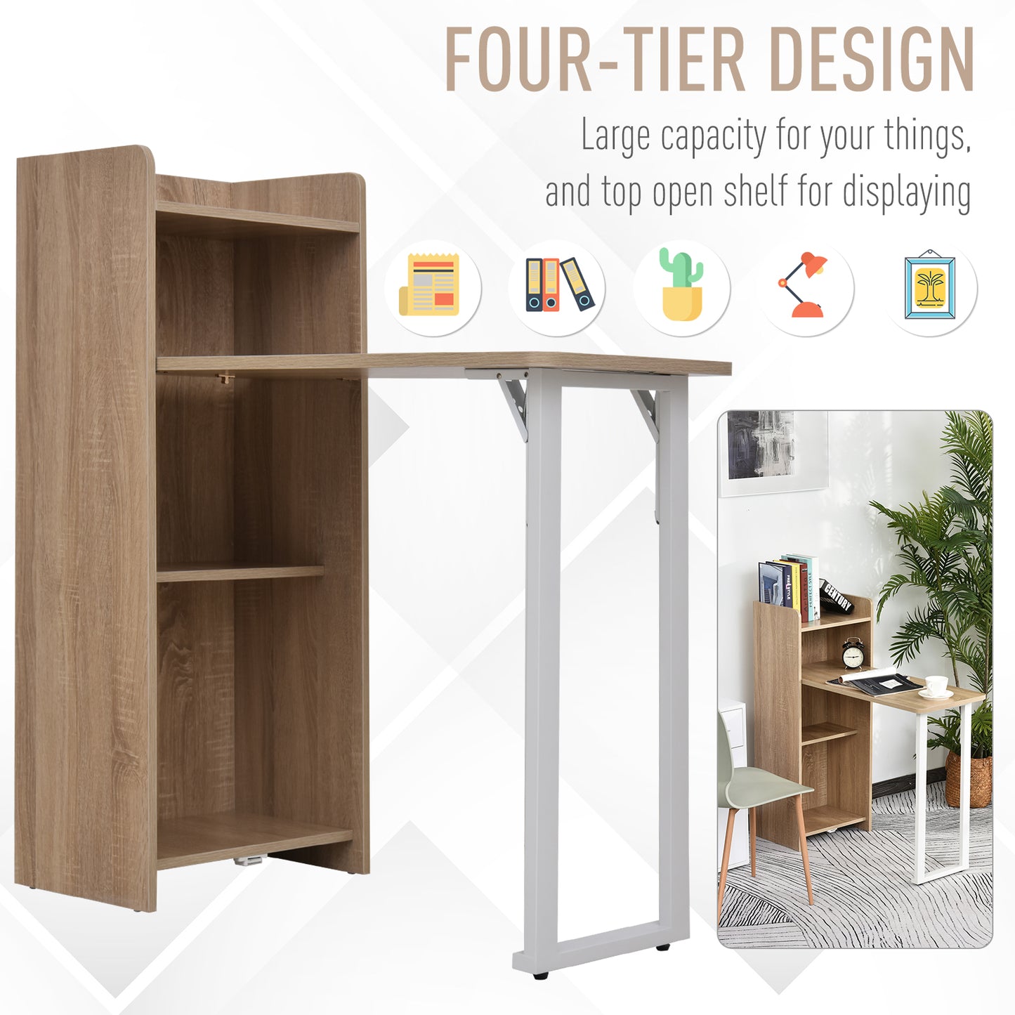 2-in-1 Folding Table with 4-Tier Storage Cabinet