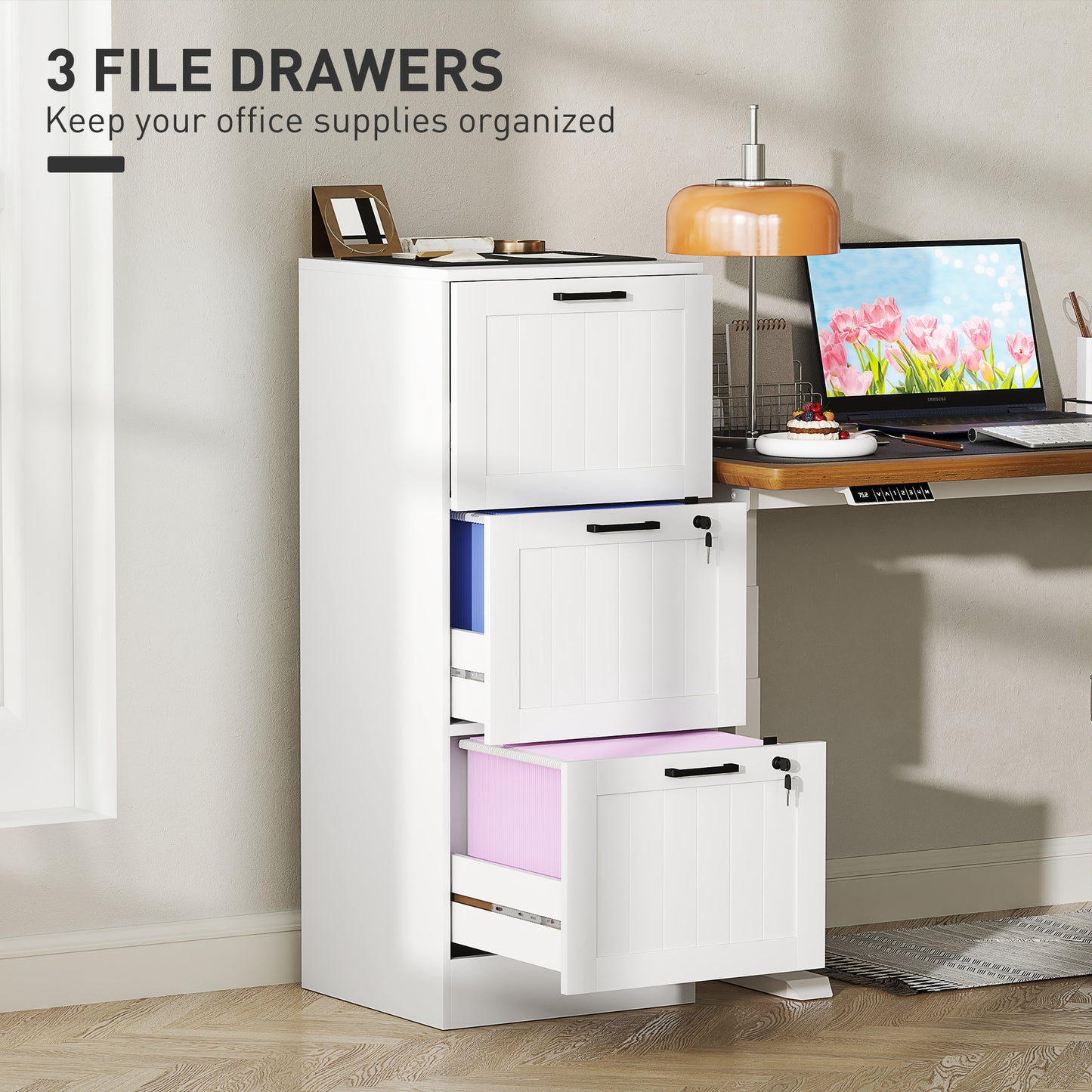 3-Drawer Locking File Cabinet with Adjustable Hanging Bars - White