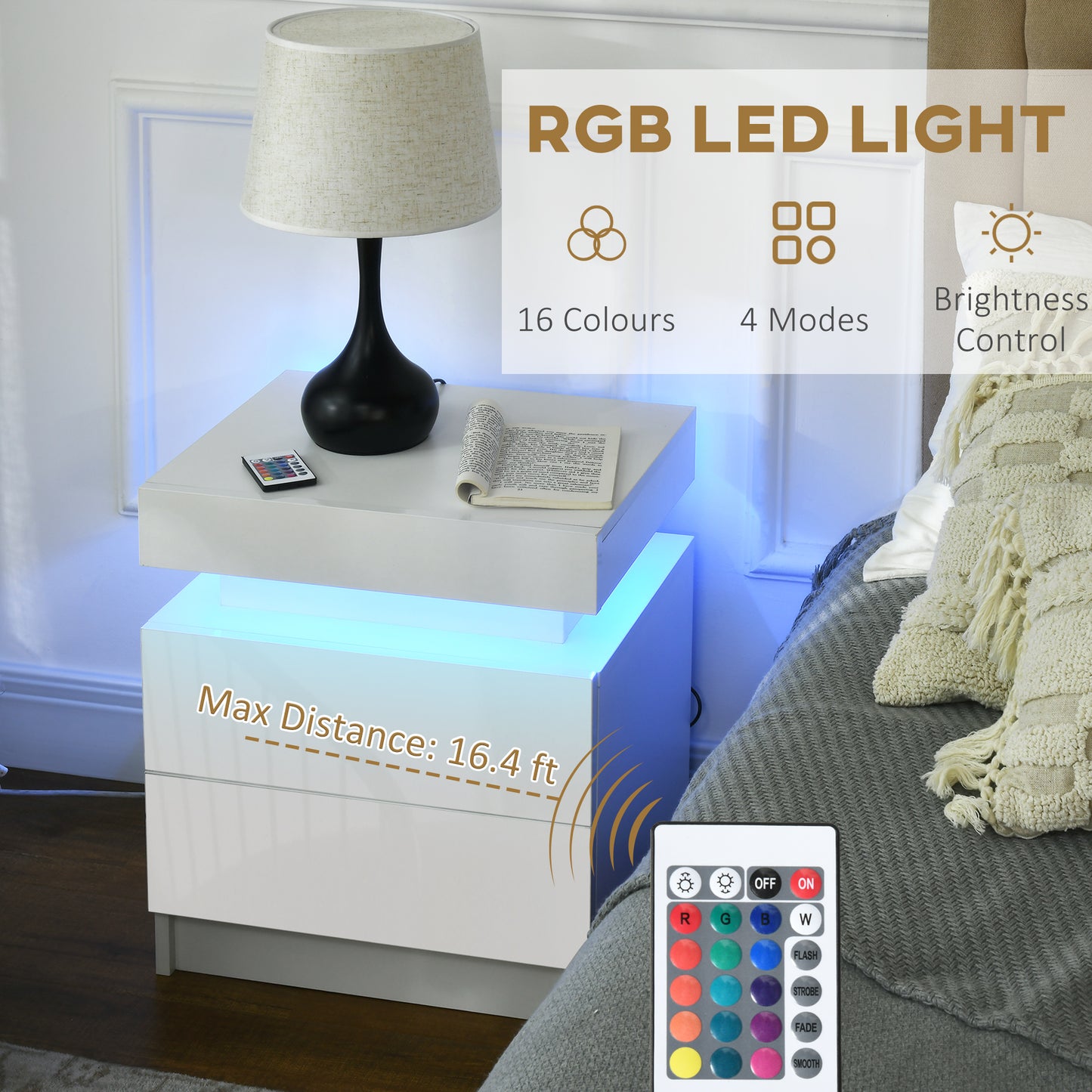 LED Nightstand with Remote Control and 2 Drawers, White