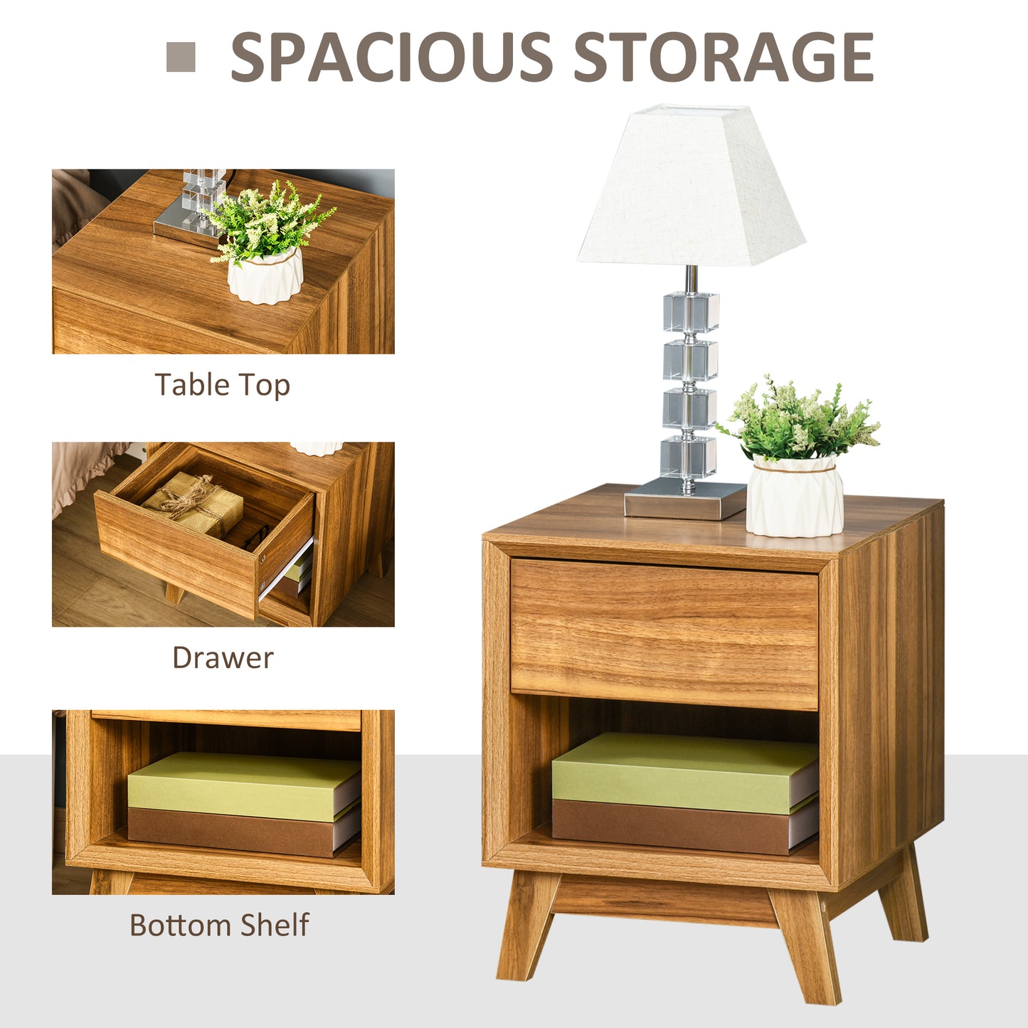 Compact Bedside Table with Drawer and Open Shelf, Walnut Brown