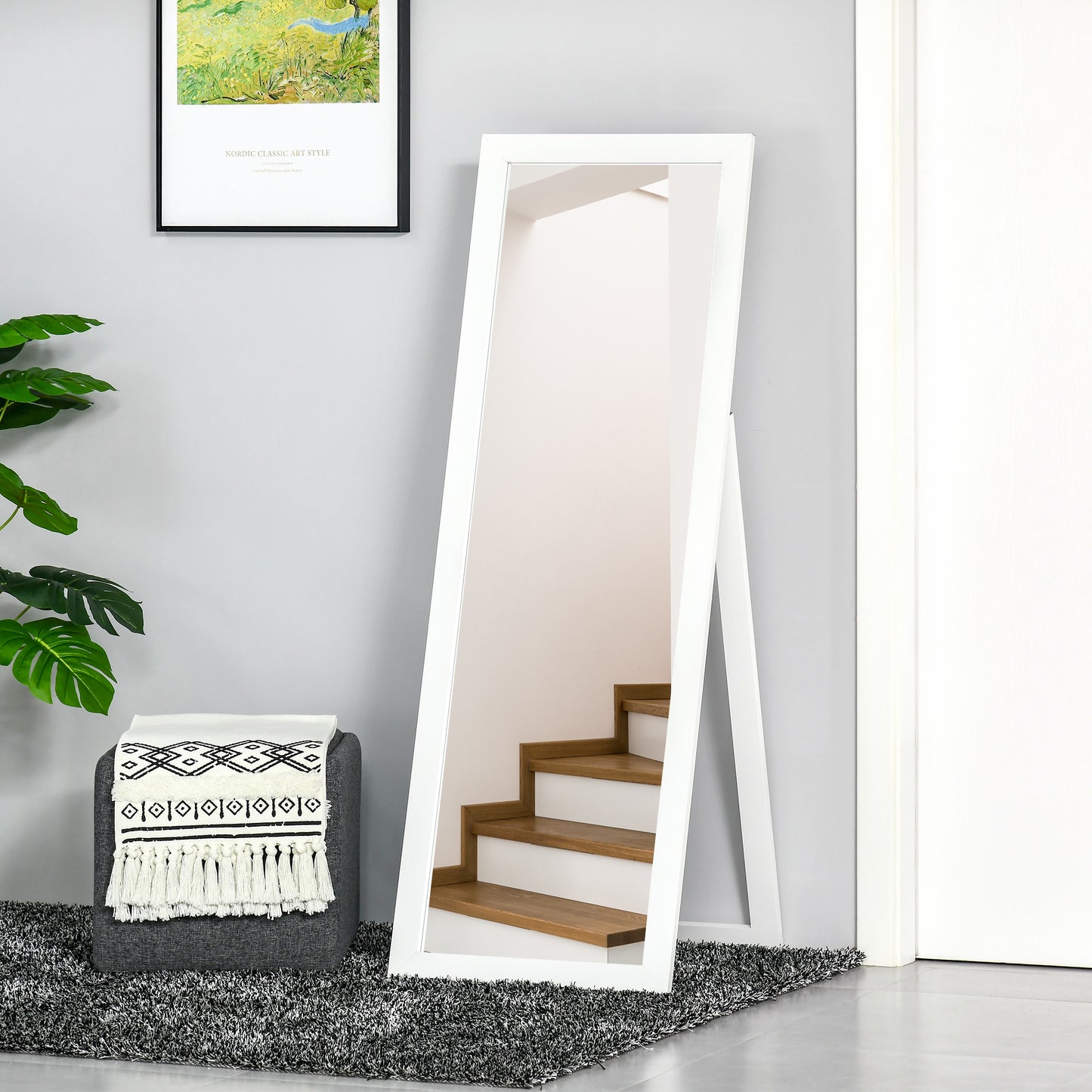 Full Length Rectangular Mirror with White Frame, 58" x 20", Floor Standing Design