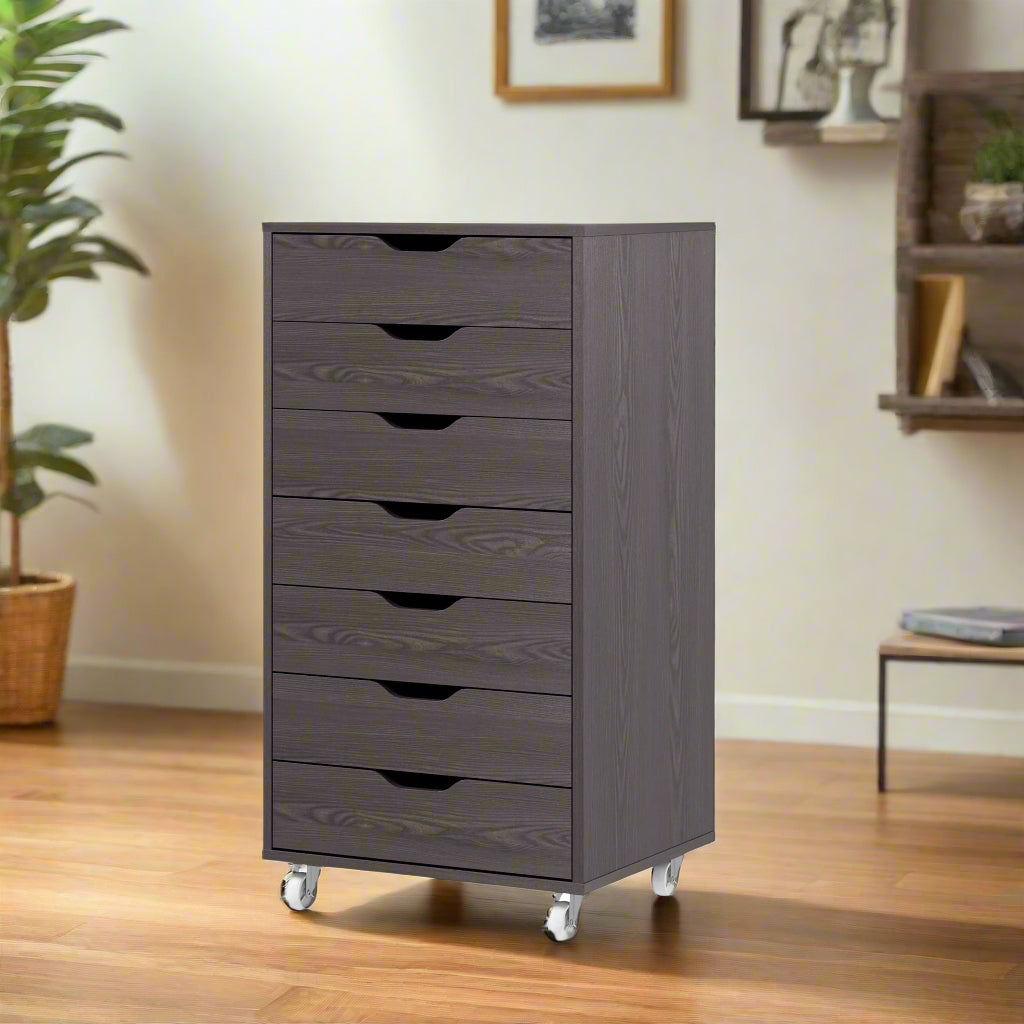 7-Drawer Mobile Storage Cabinet for Home Office - Grey Wood Grain