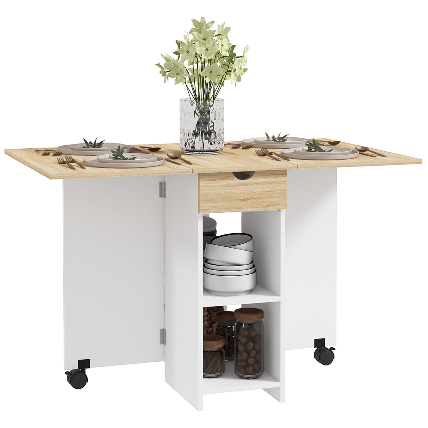 Folding Dining Table with Drawer and Storage Shelves - Oak