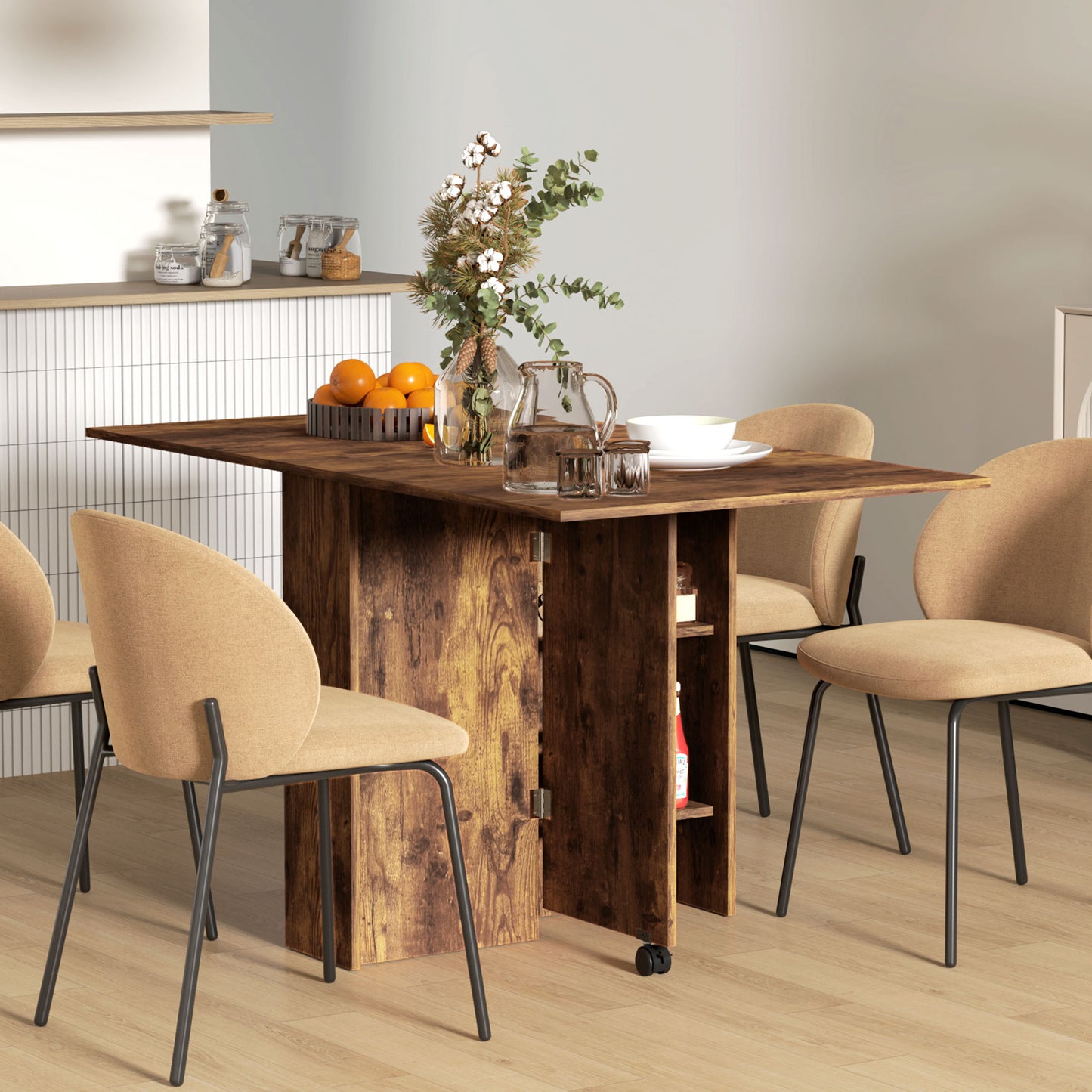 Rustic Brown Extendable Dining Table with Shelves and Wheels