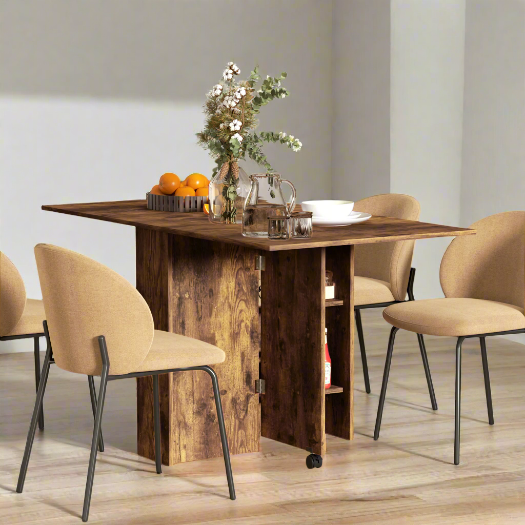 Rustic Brown Extendable Dining Table with Shelves and Wheels