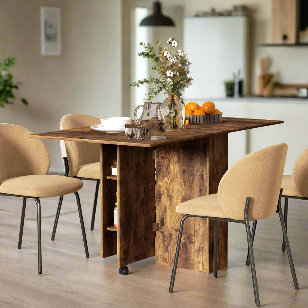 Rustic Brown Extendable Dining Table with Shelves and Wheels
