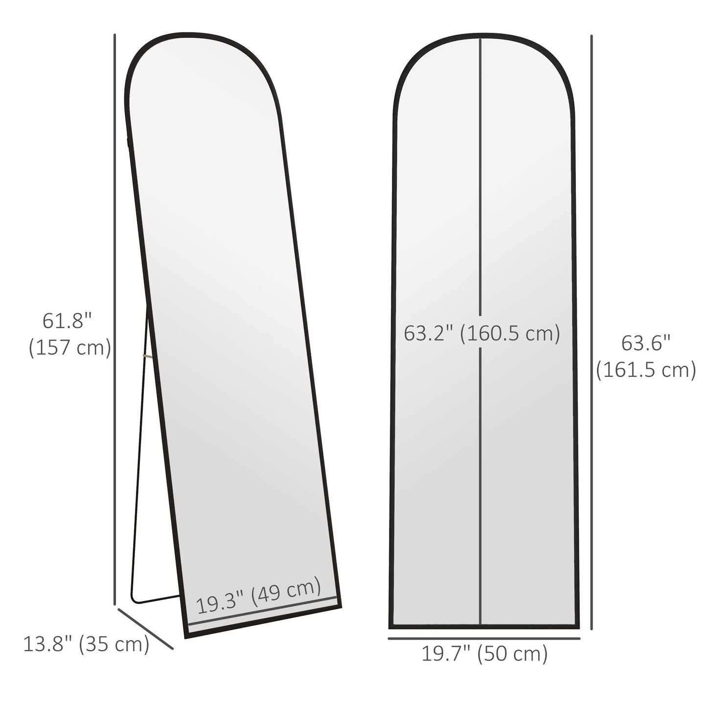Arched Full Length Mirror with Black Frame, 64" x 20", Versatile Standing or Wall Mount