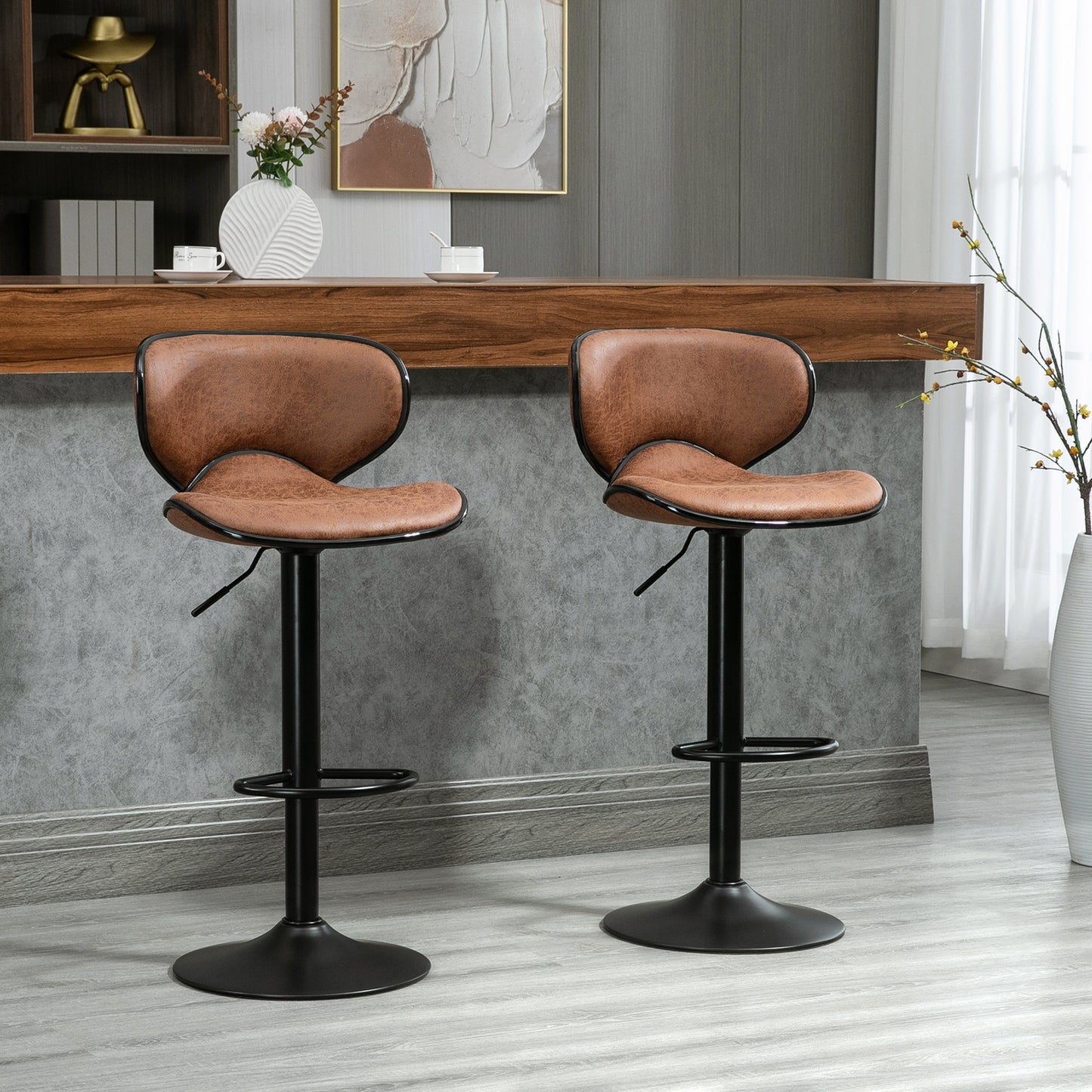 Adjustable Height Swivel Bar Stools with Microfiber Upholstery, Brown (Set of 2)