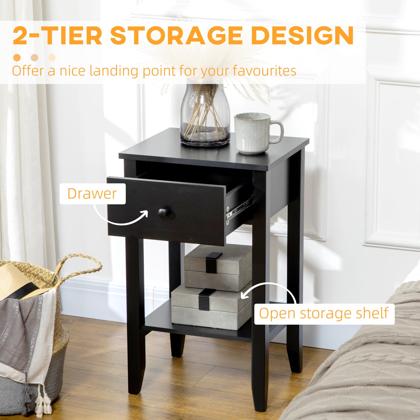 2-Tier Side Tables with Drawer and Shelf, Black (Set of 2)